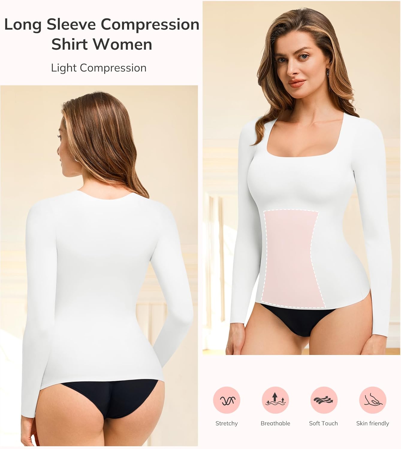 LODAY Tummy Control Shapewear Tank Top Square Neck Long Sleeve Top Slimming Body Shaper Compression Tanks for Women - Image 5