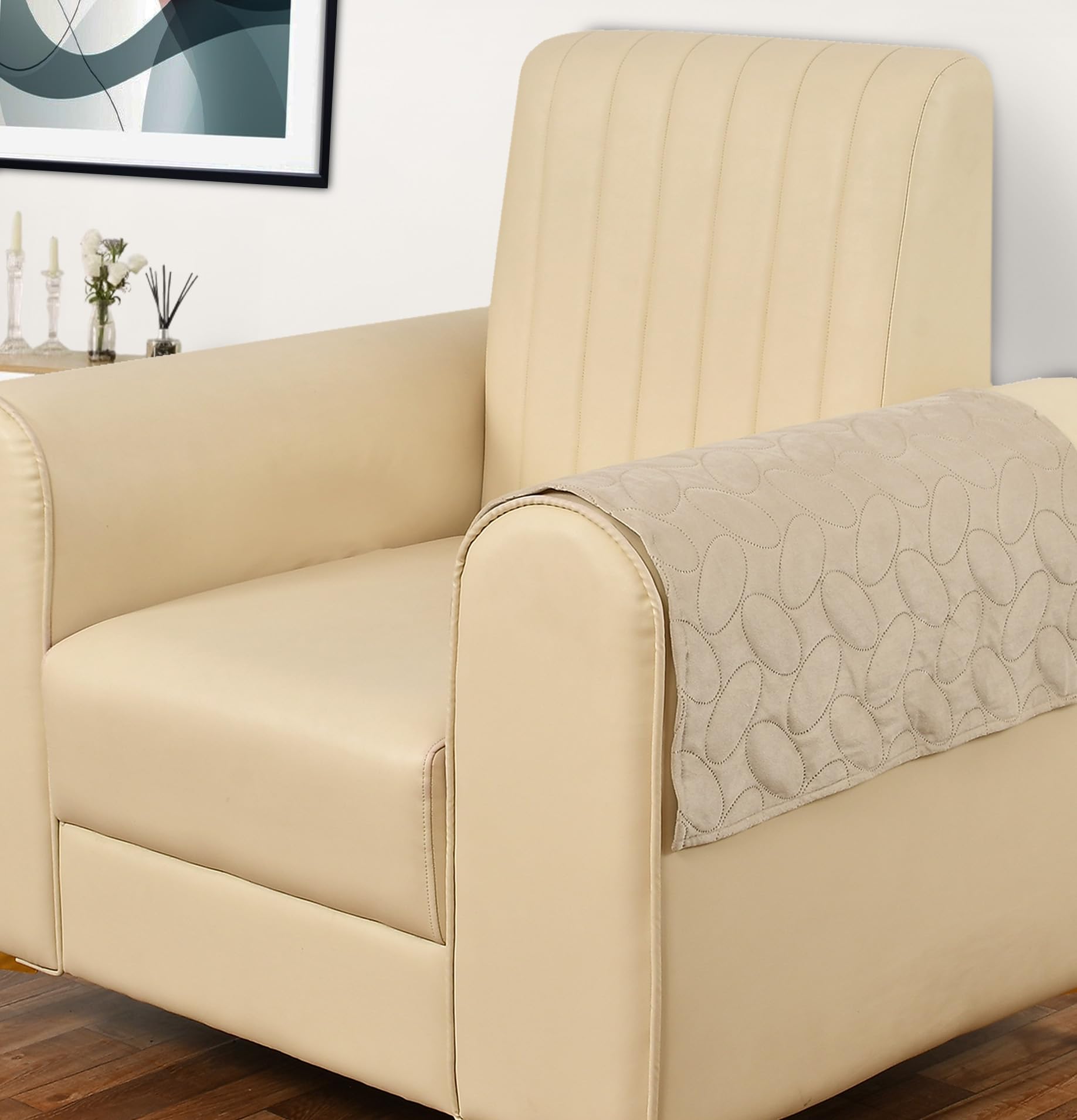 Yellow Weaves Quilted Velvet Sofa Arms Cover Protector, Anti-Slip Sofa Arms Cover, Pack of 2 (24 x 26 Inch), Beige