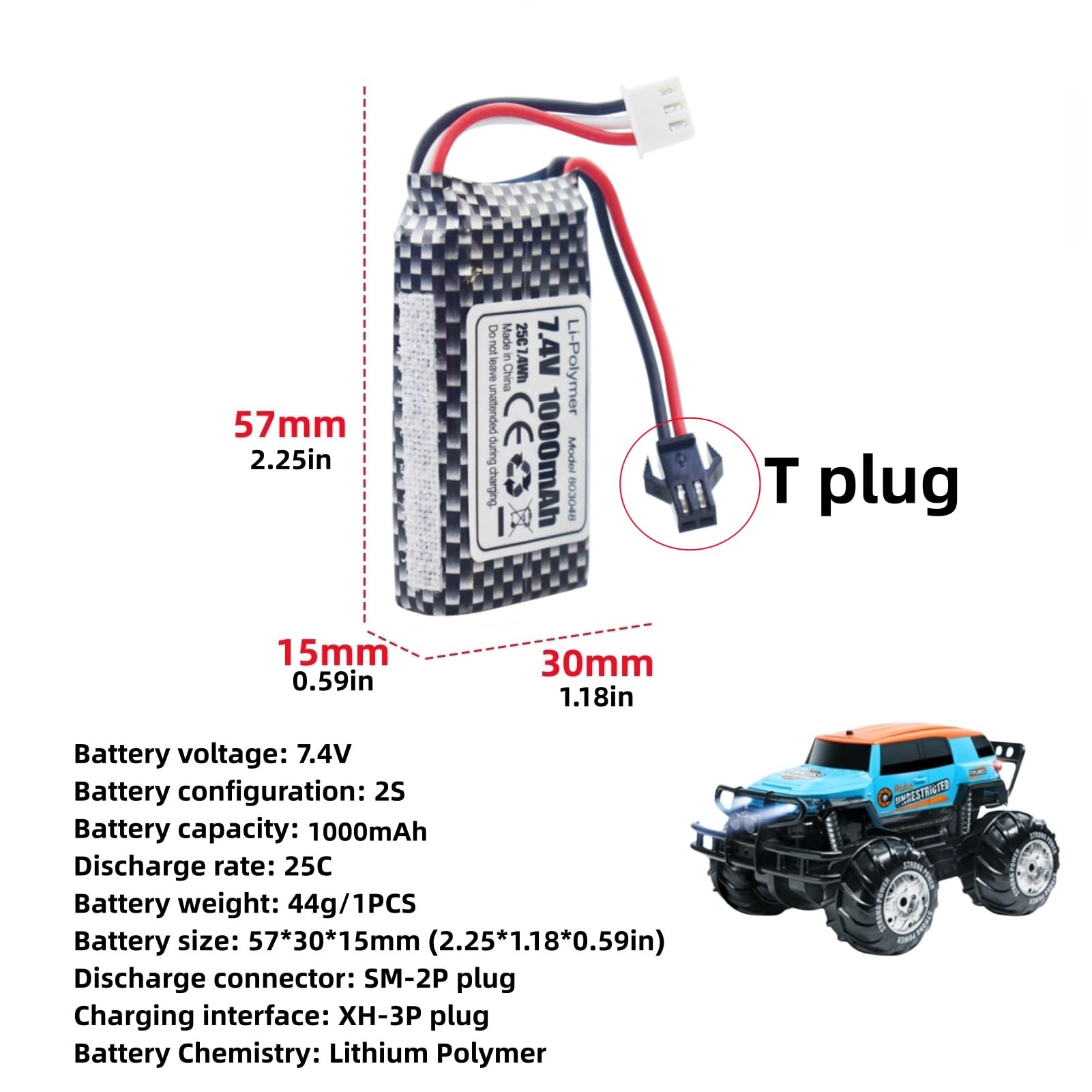 2PCS 7.4V 1000mah 2S SM-2P Plug Lipo batteria con 2-in-1 caricabatterie per 1601AMP 1601AMP2 1601AMP3 RC Veicolo anfibio RC Veicolo RC Barca RC Drone Batteria