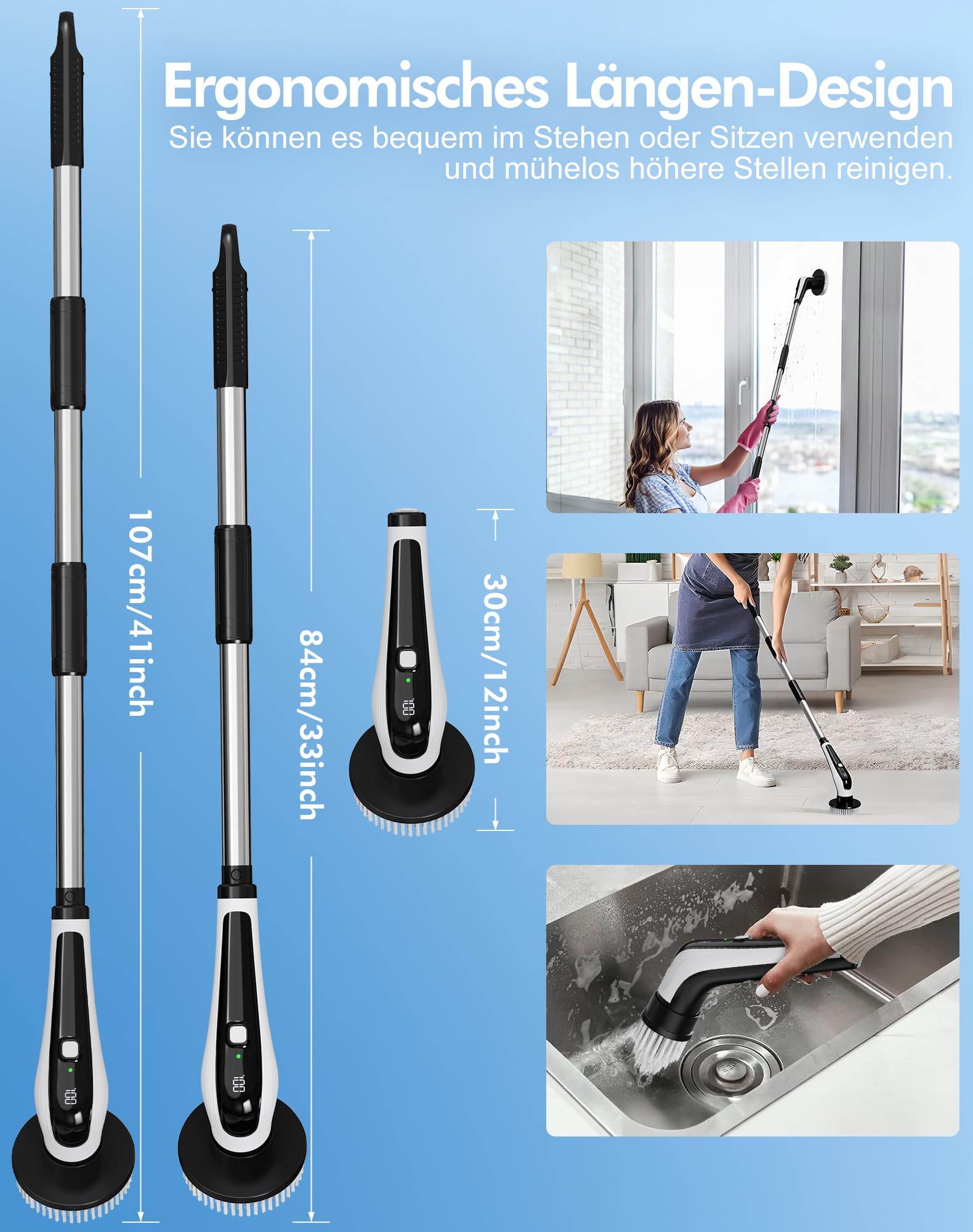 Elektrische Reinigungsbürste mit 9 Wechselbürsten, IPX8 Wasserdicht, 2 Geschwindigkeiten, Teleskopgriff 30–107 cm, 3000mAh Akku Elektrische Bürste zum Putzen für Bad,Küche,Auto,Boden,Fliesen
