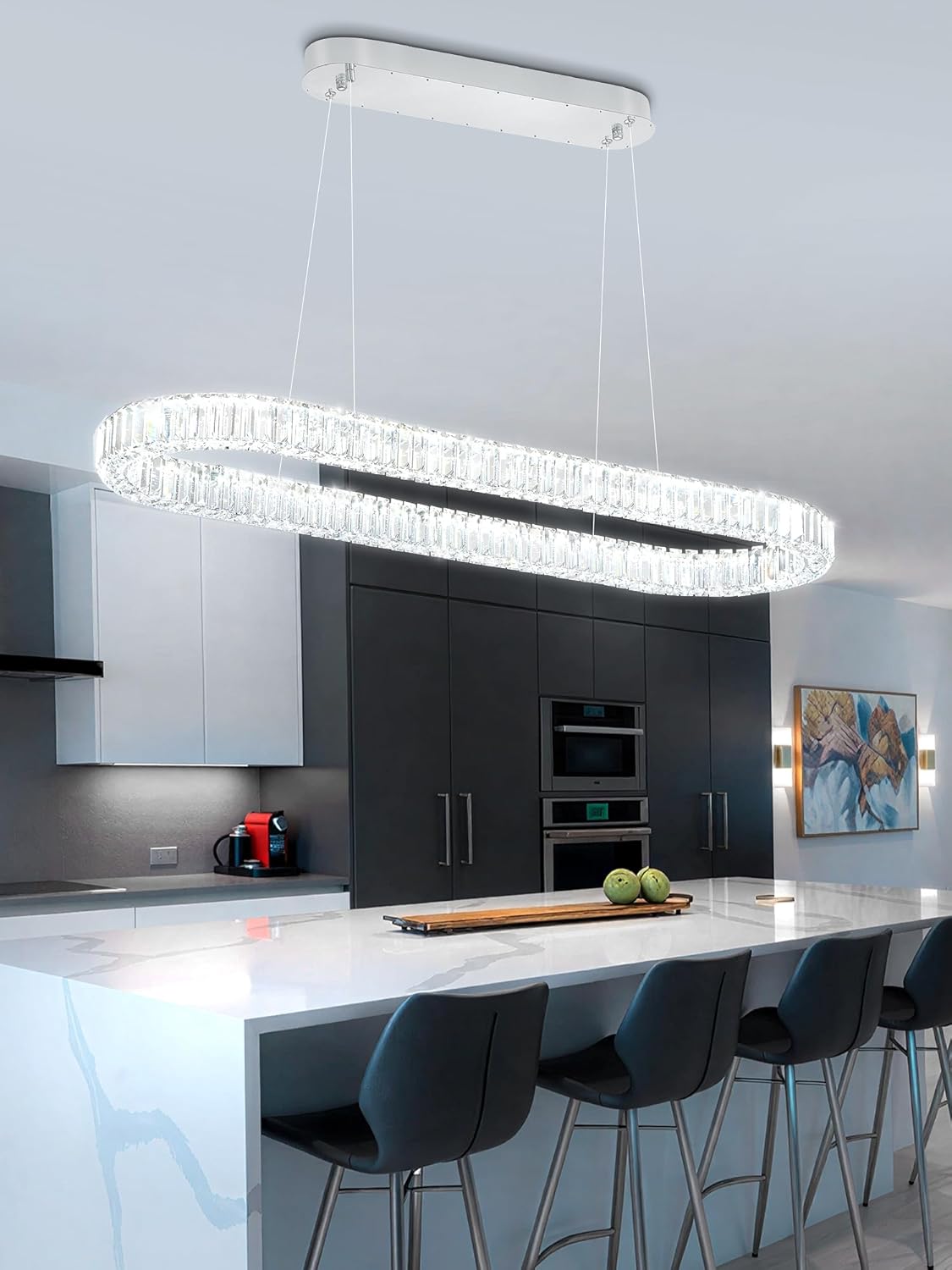 Flashing God Modern Crystal Chandelier,Rectangular Silver Chandelier,Oval Pendant Lighting Rectangle Crystal Ceiling Light for Dining Living Room Kitchen Island