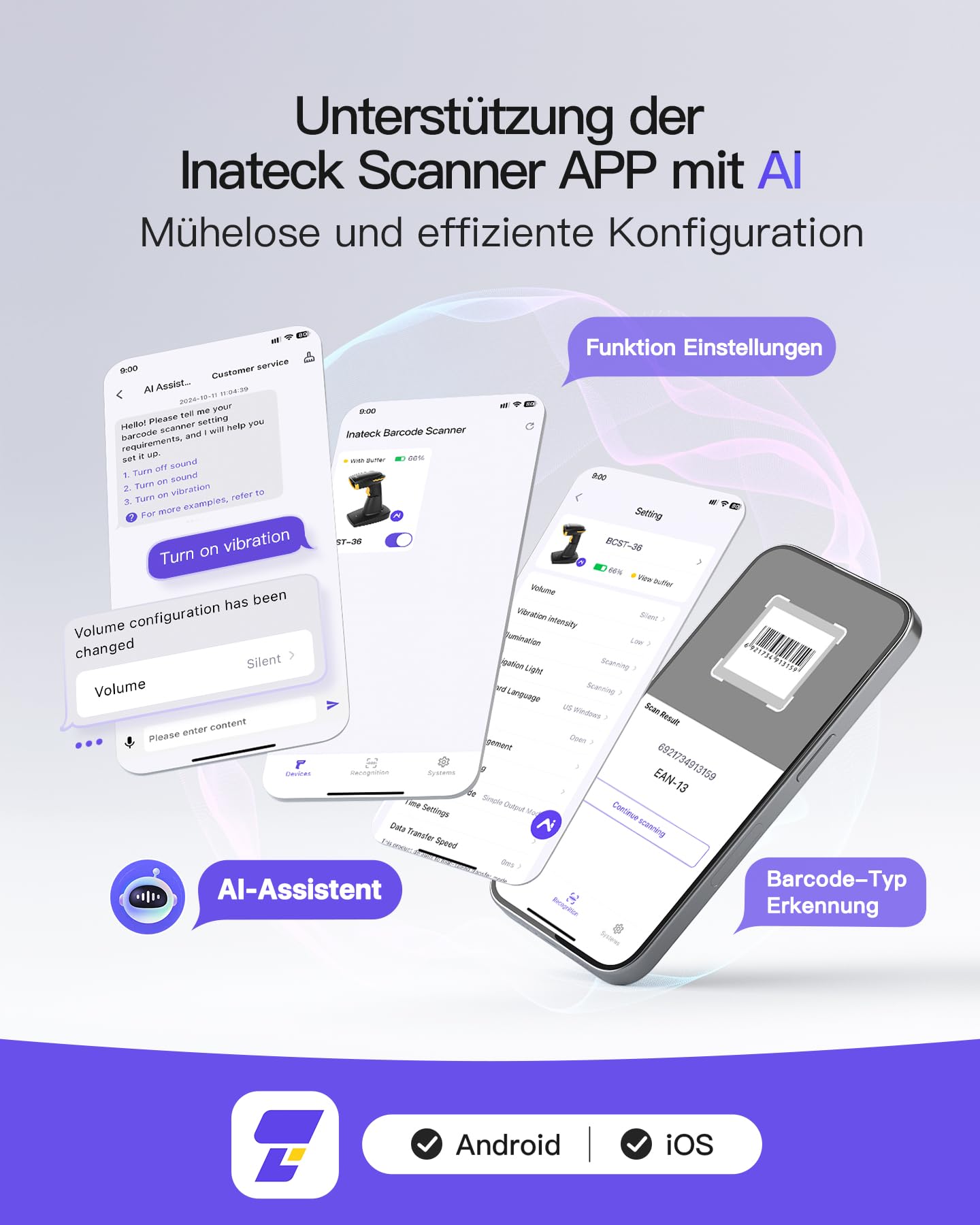 Inateck Bluetooth Barcode Scanner 2D, drahtloser QR Code Scanner 2600 mAh BCST-36