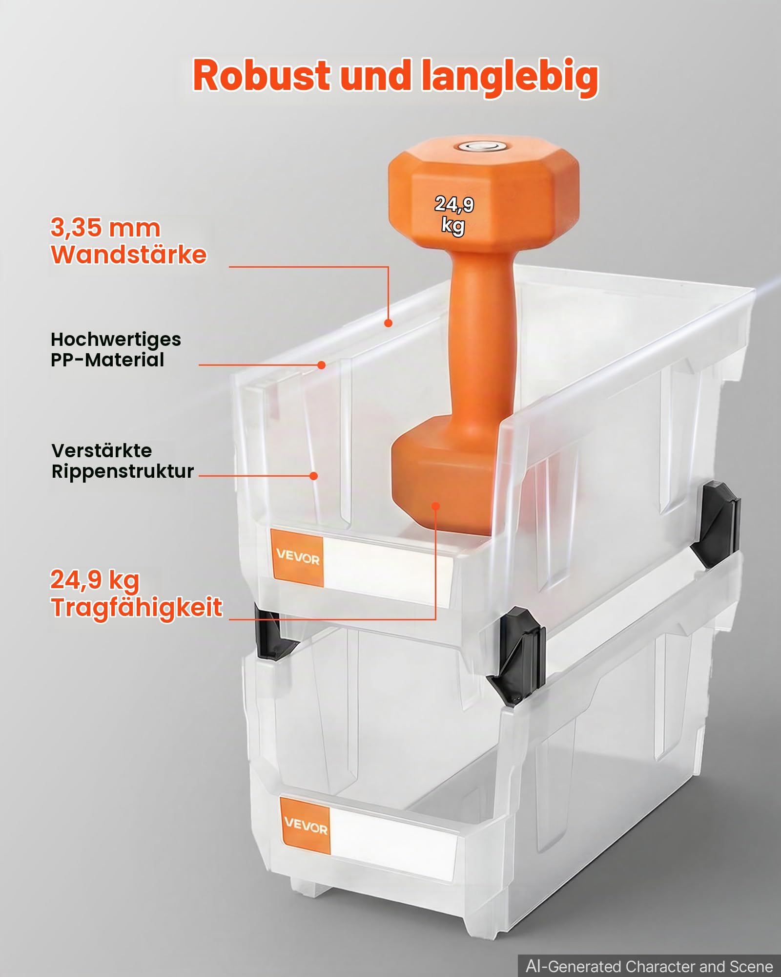 VEVOR Stapelboxen, 377 x 215 x 180 mm (6er-Pack), Sichtlagerboxen zum Organisieren & Aufbewahren, Sichtlagerkasten für Schränken, Garagen, Kleinteilen, Bürobedarf & anderem Zubehör, transparent