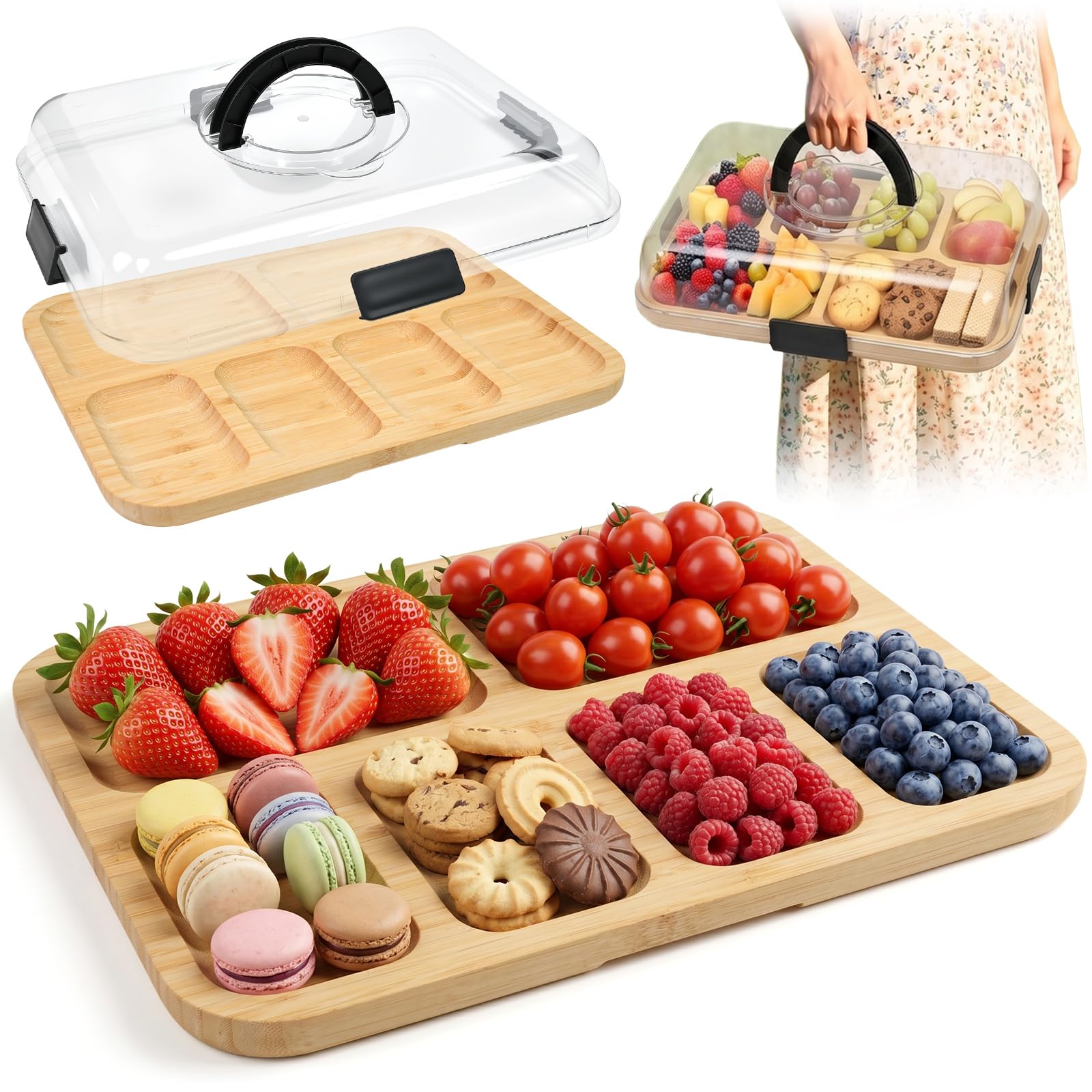 Charcuterie Board con coperchio, 36,7 cm, con manico, in bambù, con coperchio, vassoio da portata per formaggio, snack, antipasti, grande piatto per snack diviso, per picnic, feste, 2-4 persone