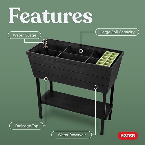Vista 5 de Keter Urban Bloomer - Jardinera elevada de 12.7 galones y maceta de jardín de hierbas para exteriores con medidor de riego automático y tapón