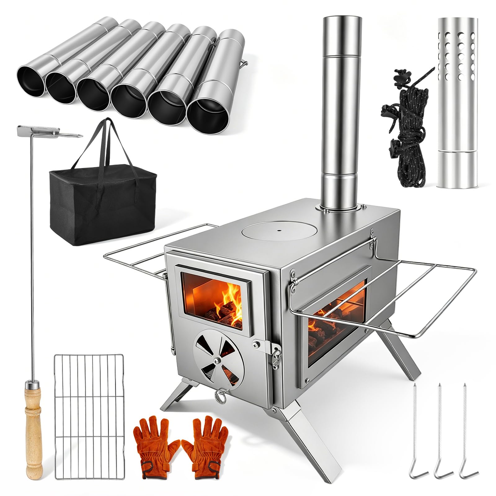 Camping Tent Stove,Hot Tent Stove with 7 Chimney Pipes,Stainless Steel Wood Burning Stove with Side Viewing Window,Camping Log Burner for Tent Shelter Garden Outdoor Cooking