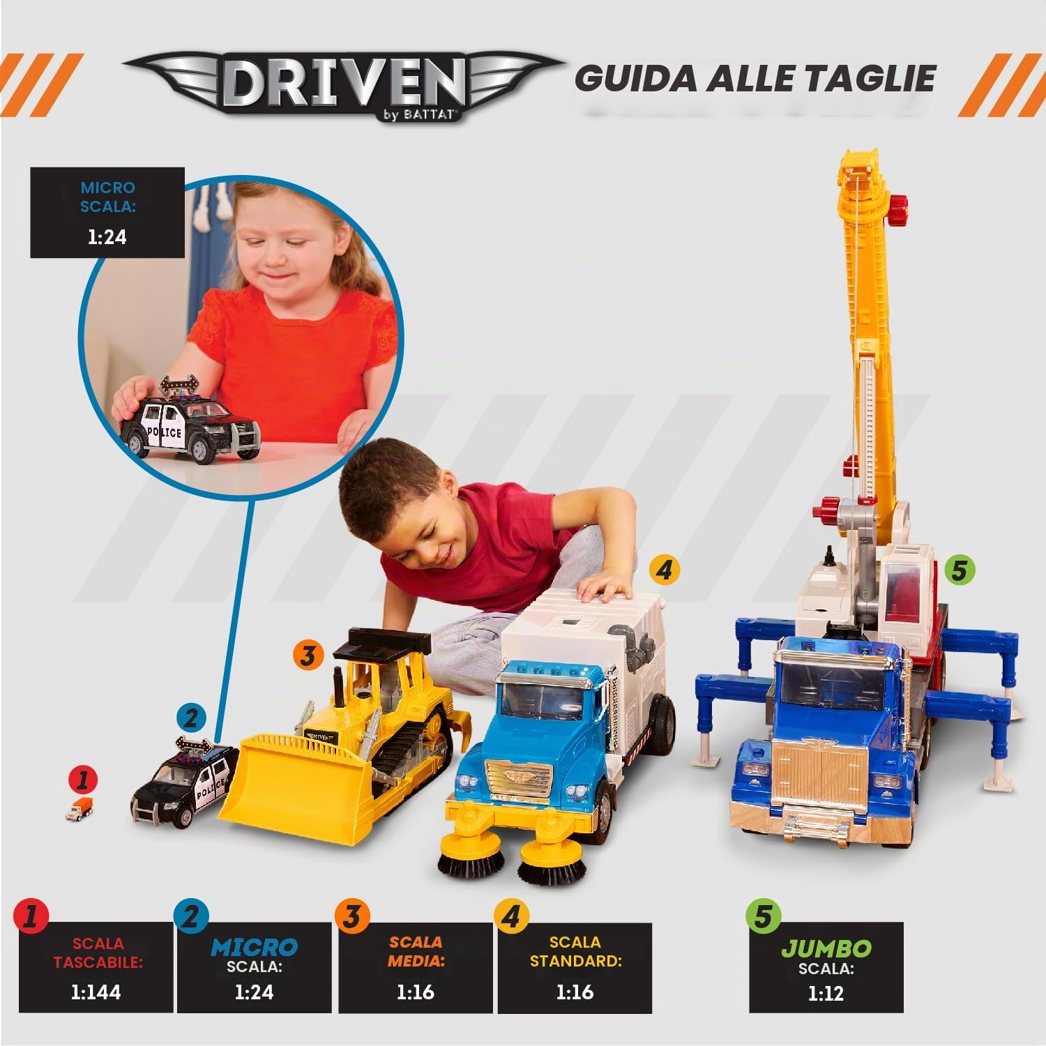 Driven by Battat - Micro autogru - Camion gru per bambini - Veicolo da costruzione giocattolo - Parti mobili - Luci e suoni - 3 anni +