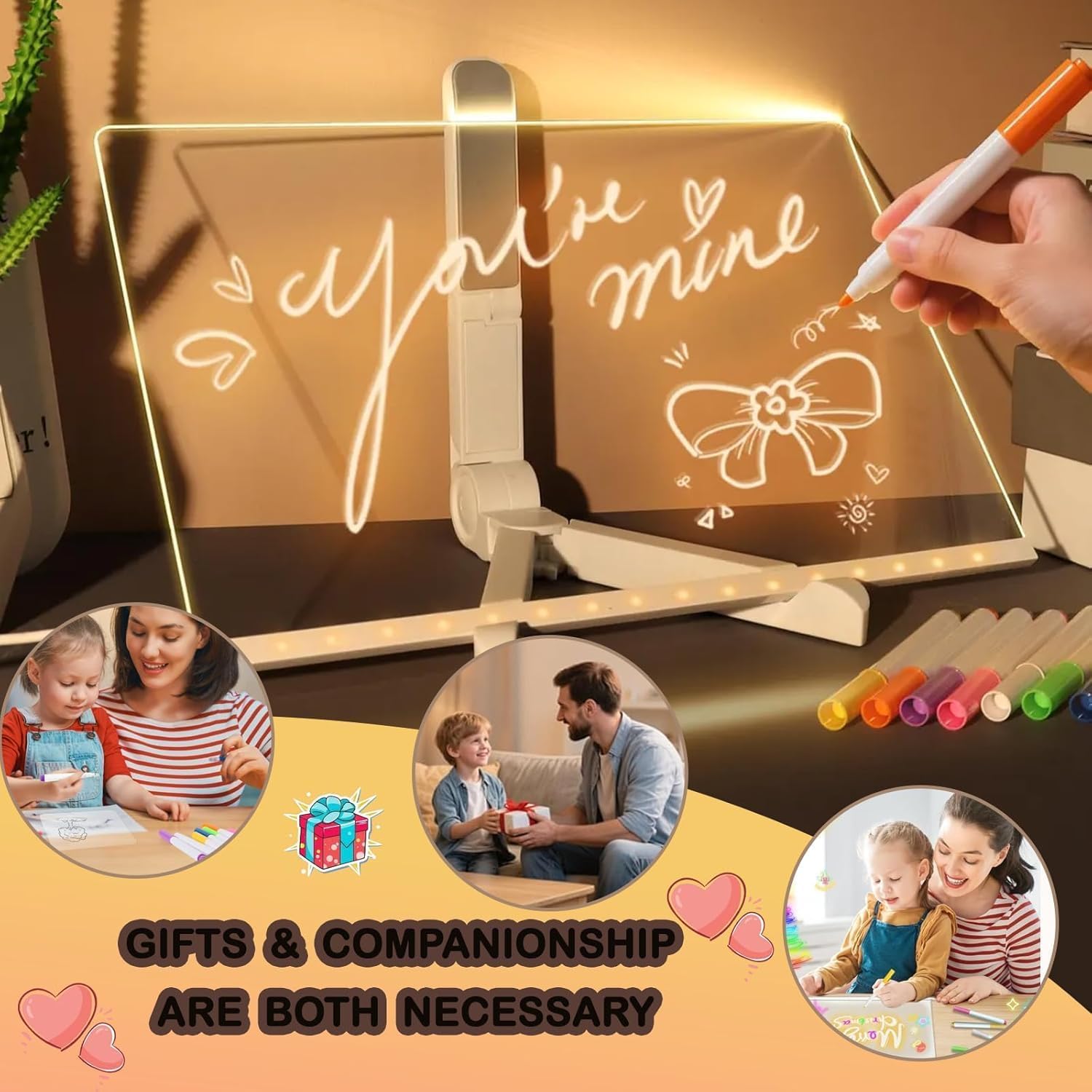 Rechargeable Led Drawing Board For Kids, 11.8*7.9" Dry Erase Board, 4 Modes &7 Colors Glow Doodle Note Board, Include Hanging Chain, 2 Stands, 8 Markers, Spray Bottle, Cleaning Cloth, Valentines Gifts