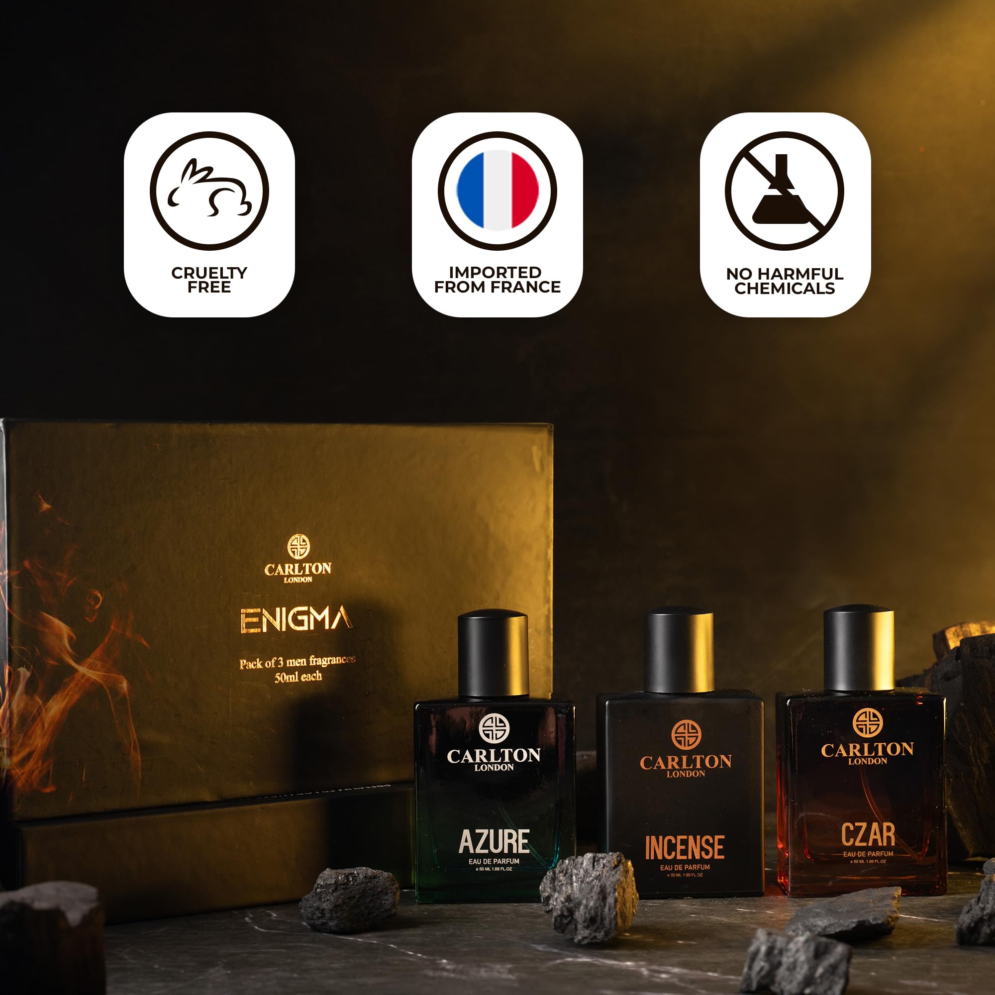 Carlton London Premium Enigma Liquid Perfume Gift Set For Men Long Lasting Spicy Woody & Citrusy Fragrances (Set Of 3) 50ml Each Azure Incense & Czar EDP 4