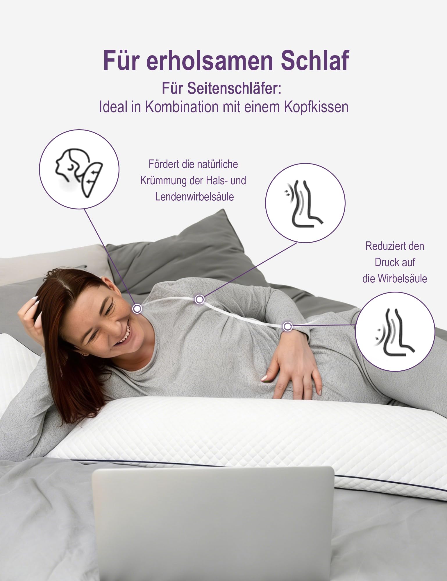 40x145cm Seitenschläferkissen 1 Stück, Memory-Foam-Körperkissen | Höhenverstellbar | Reißverschluss | abnehmbarer Bezug | für alle Schlafpositionen | ganzjährige Nutzung