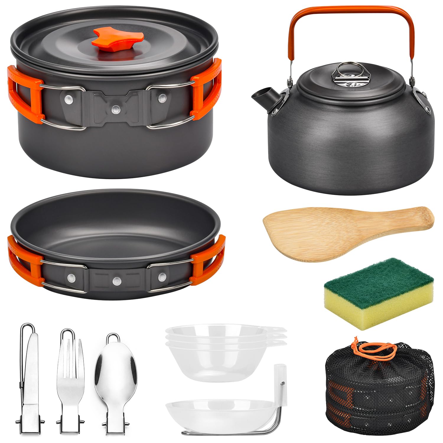 Onherm Juego de Utensilios de Cocina para Acampar, 13 Piezas de vajilla Plegable para Exteriores con Olla, sartén y teteras para Senderismo, Cocina al Aire Libre y Picnic para 1-4 Personas.