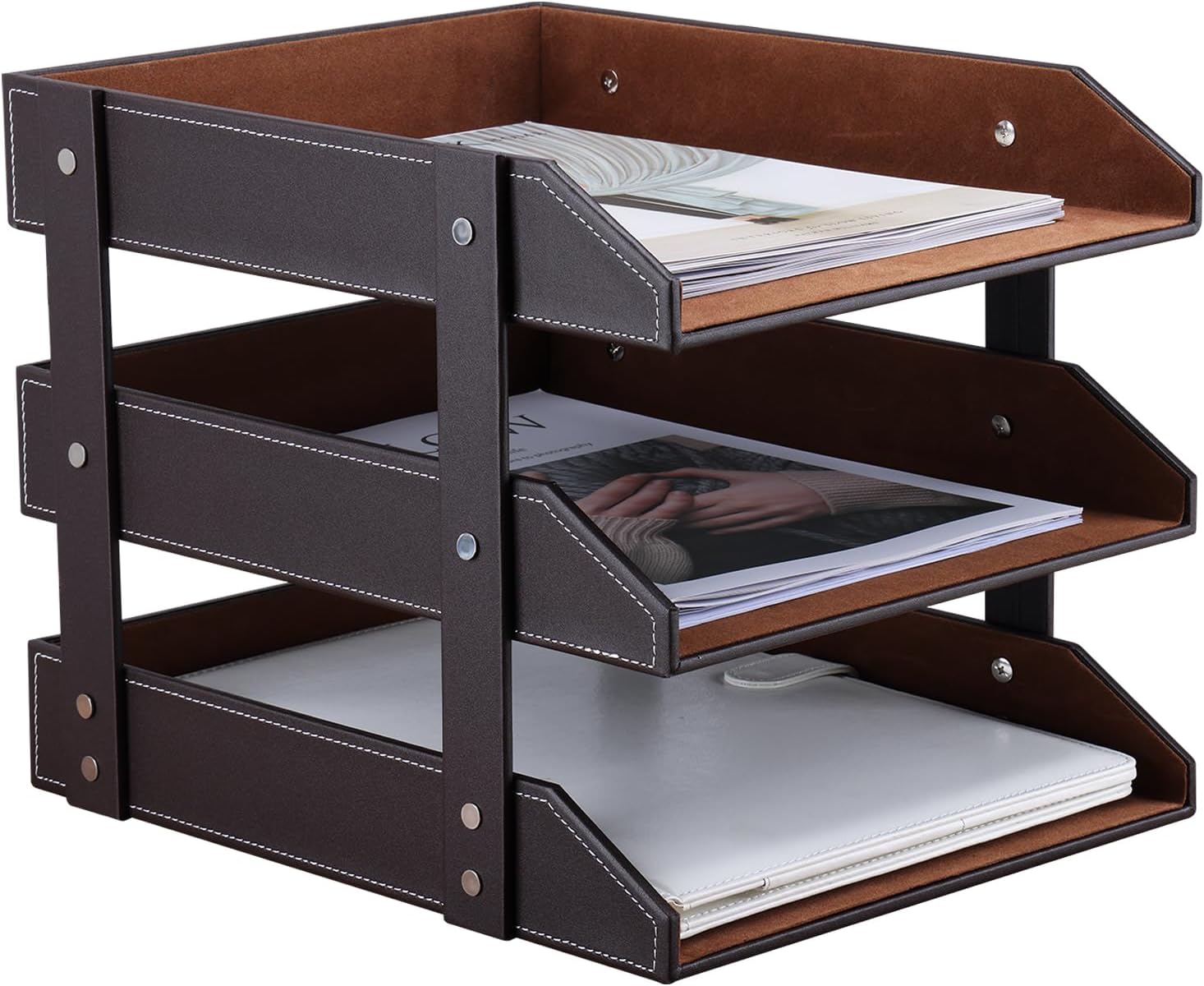 Letter Tray, Leather Paper Organizer Tray, Wooden Desk File Holder, Desktop File, Stackable Magazine Holder, Mail Sorter, Great for Home or Office(Brown, 3 Tray)