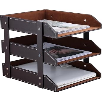 KINGFOM A4 Leather Letter Tray (3 Drawer Brown)