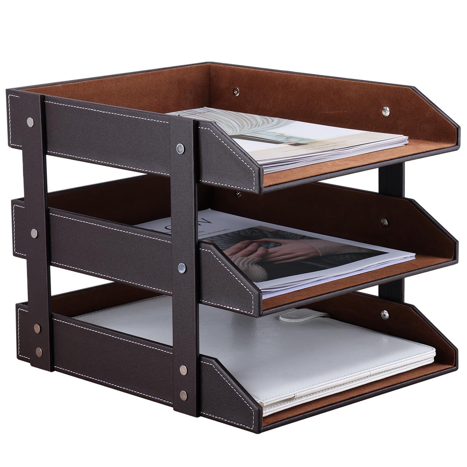 KINGFOM Letter Tray, Leather Paper Organizer Tray, Wooden Desk File Holder, Desktop File, Stackable Magazine Holder, Mail Sorter, Great for Home or Office(Brown, 3 Tray)