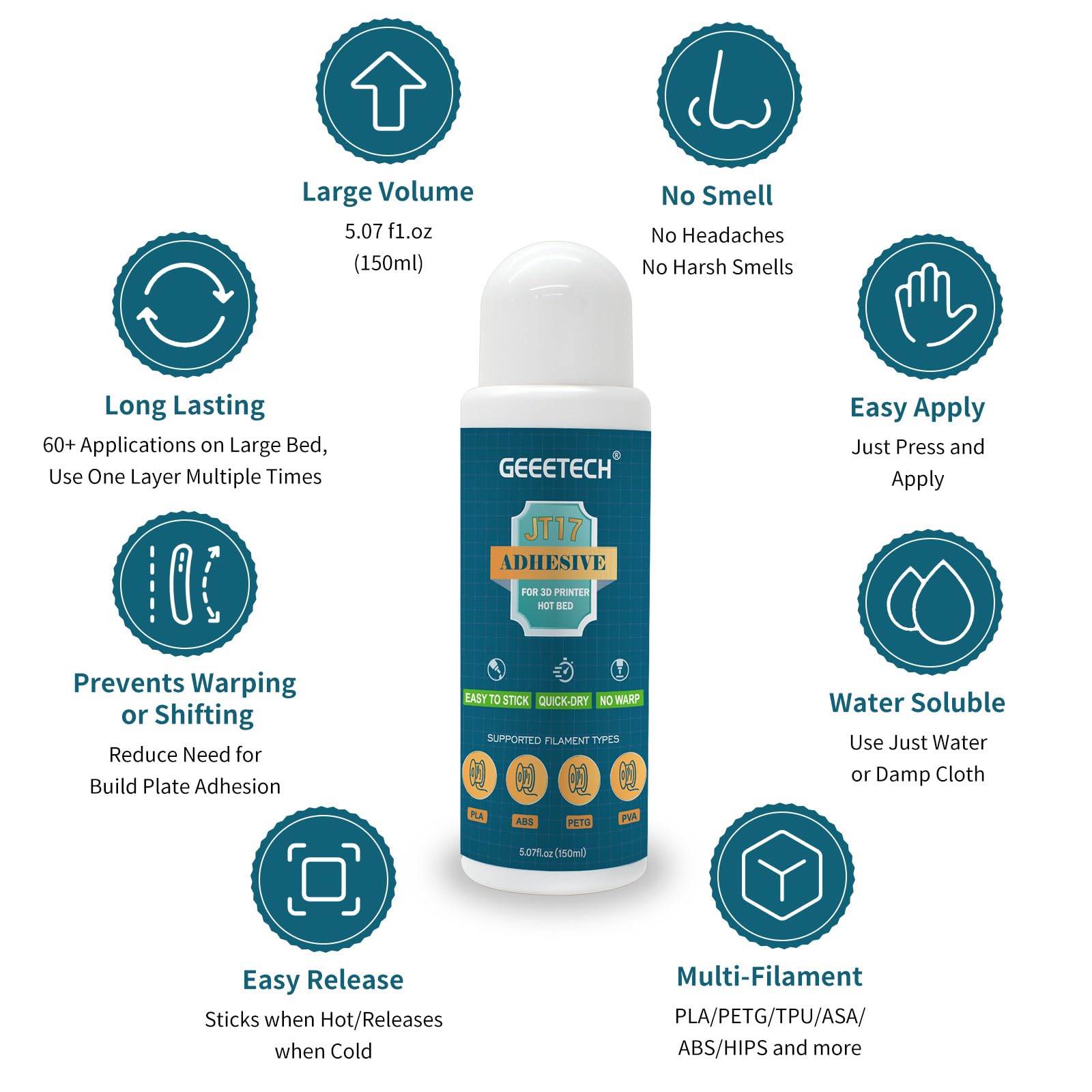 DERUC Colla per stampante 3D, JT17, 150 ml, confezione da 3, perfetta adesione della stampante 3D, formula solubile in acqua, colla per stampa 3D, compatibile con PLA, ABS, filamento PETG