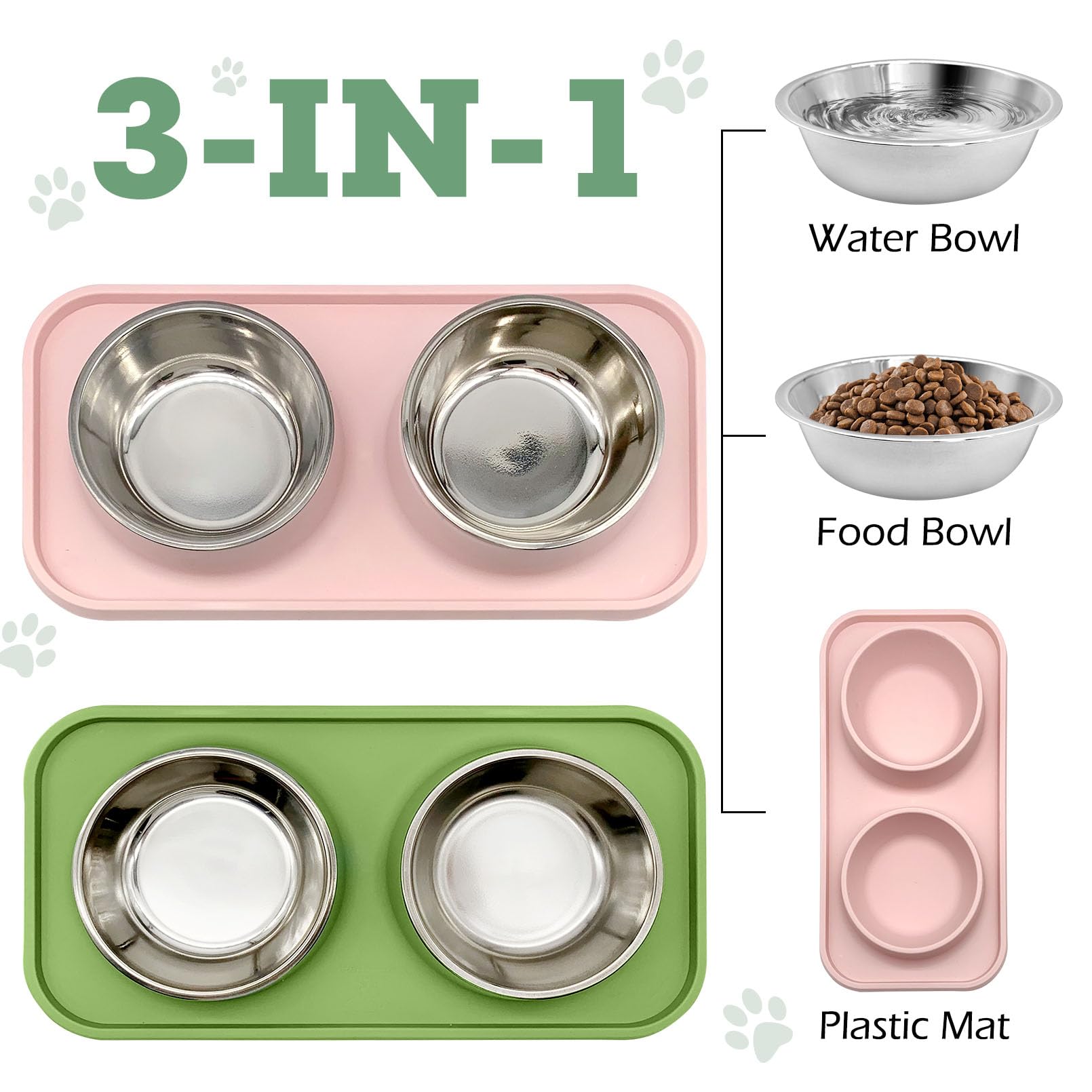 BNOSDM Lot de 2 gamelles doubles en acier inoxydable avec tapis en plastique anti-déversement pour chiot, chat, chaton (rose et vert foncé)