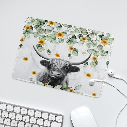Miniatura 5 de Highland Cow - Divertida alfombrilla para mouse con base de goma antideslizante, animal rústico de granja con girasol de eucalipto en mármol gris