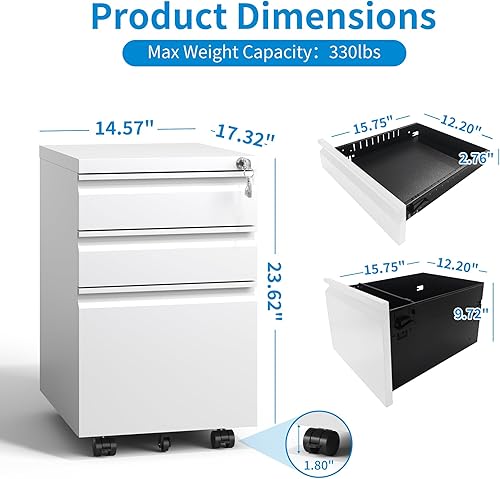 Miniatura 2 de Archivador móvil de 3 cajones, archivadores de metal blanco para debajo del escritorio con ruedas, archivador vertical delgado para oficina en casa,