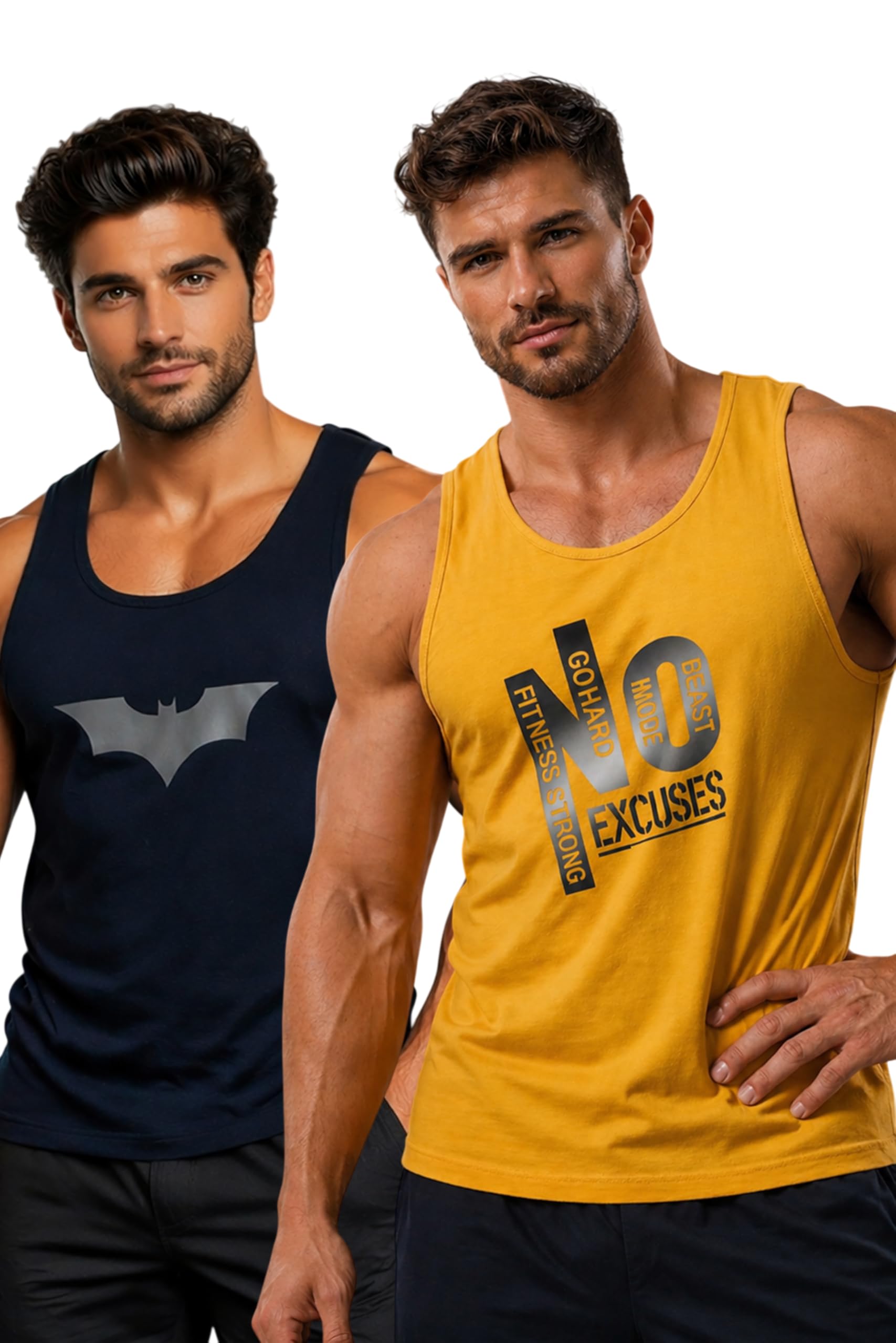 Polyester Letter Printed Vest for Men - Pack of 2 - Yellow & Navy Blue | Round Neck | Sleeveless | Regular Fit | Summer & Gym Wear Tank Top for Men-image-16
