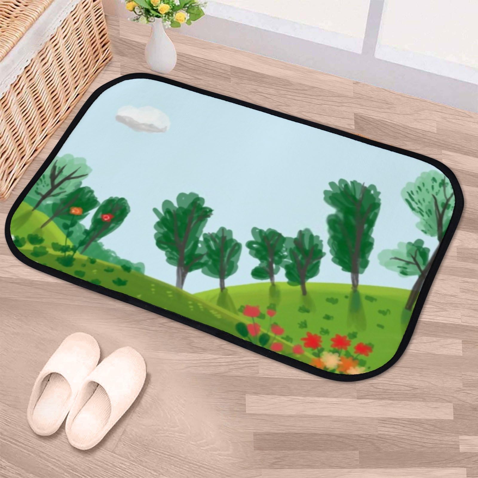 Nuansexi Bathroom Rugs Beautiful Landscape Green Floor Mats Non Slip Bathmat Doormat Tub Mat Coral Velvet Absorbent Entrance Carpet Mats Machine Washable Bedroom Decor