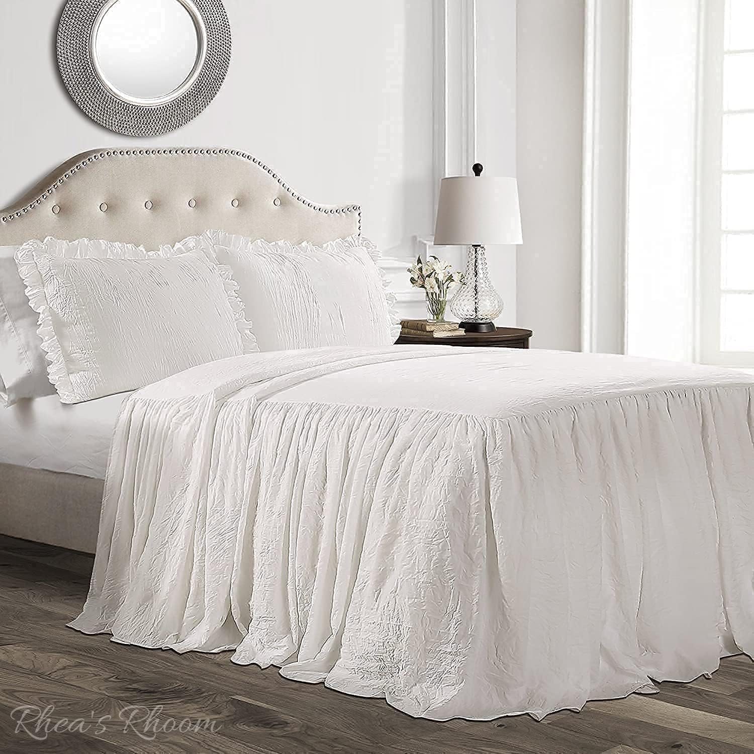 Rhea's Rhoom 3 PCs Lightweight King Comforter Bedspread Sheet Set - All Season Bedding Set with Sheet, Pillowcases & Shams - Farmhouse Décor Shabby Chic King Fitted Sheet - Ruffle Skirt Fabric - White