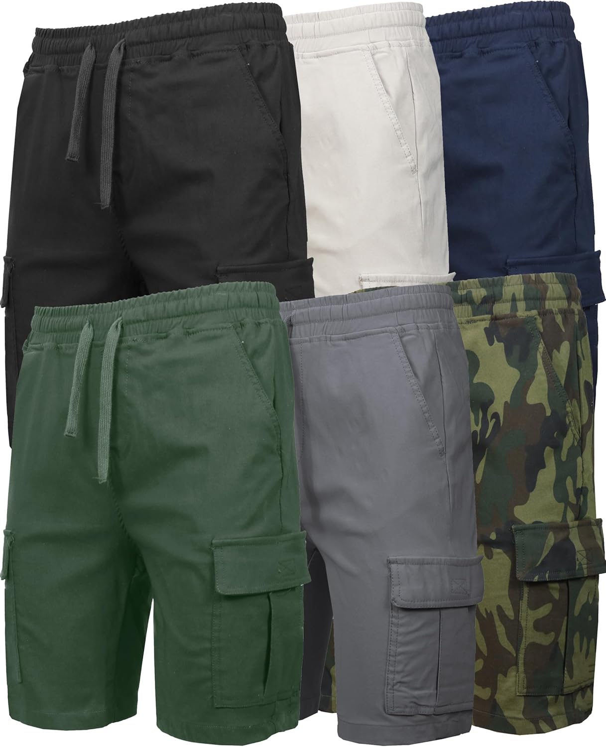 Galaxy by Harvic Cargo Shorts for Men 5-Pack – Stretch Pull-On Elastic Waist Drawstring Pockets, 4-Way Flex Fabric (S-2XL)