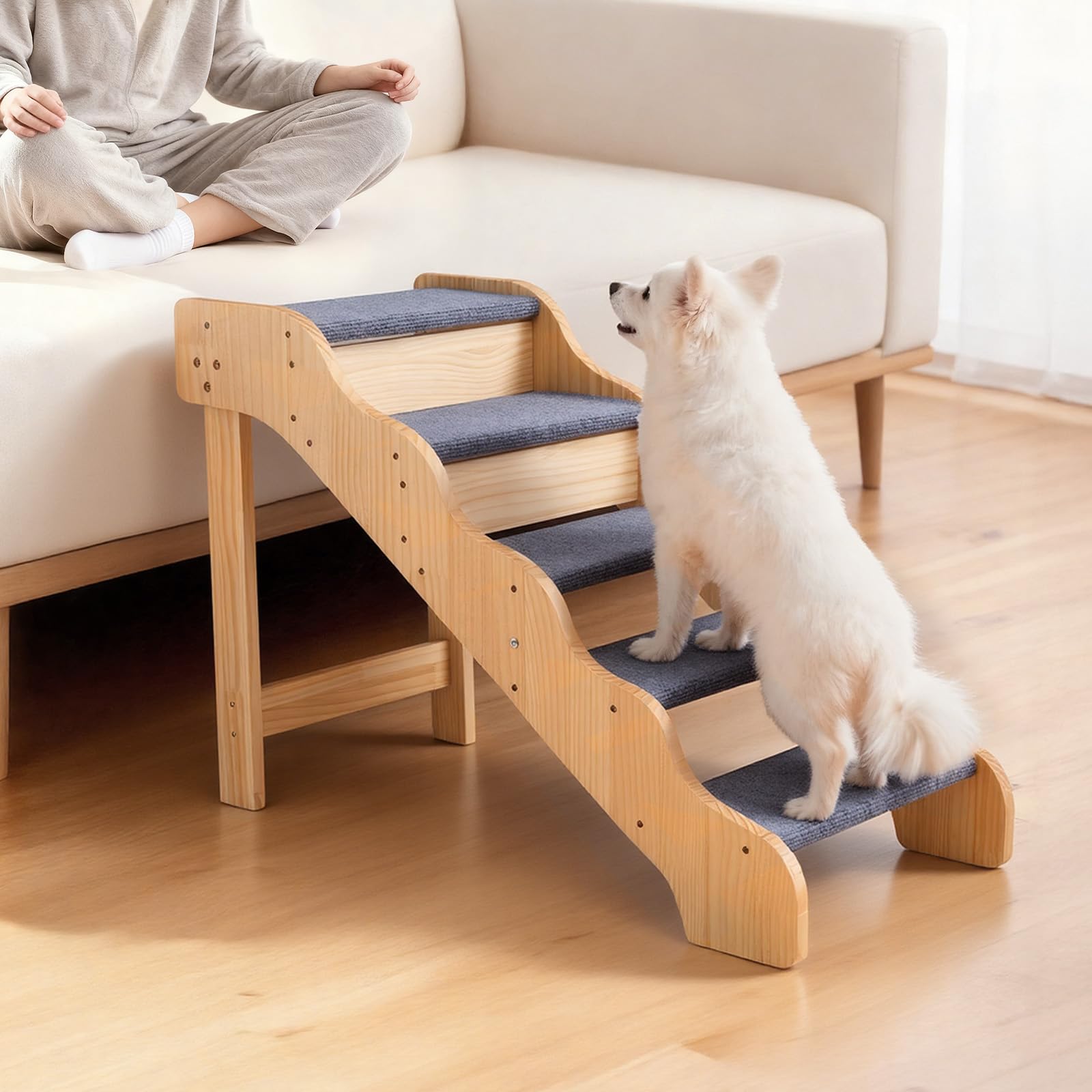 VEVOR Escalera para Perros de 910 x 430 x 630 mm, 5 Peldaños, de Madera, para Mascotas Pequeñas, Medianas, Grandes y Mayores, Así como para Cachorros de hasta 68 kg, para Camas, Sofás y Coches