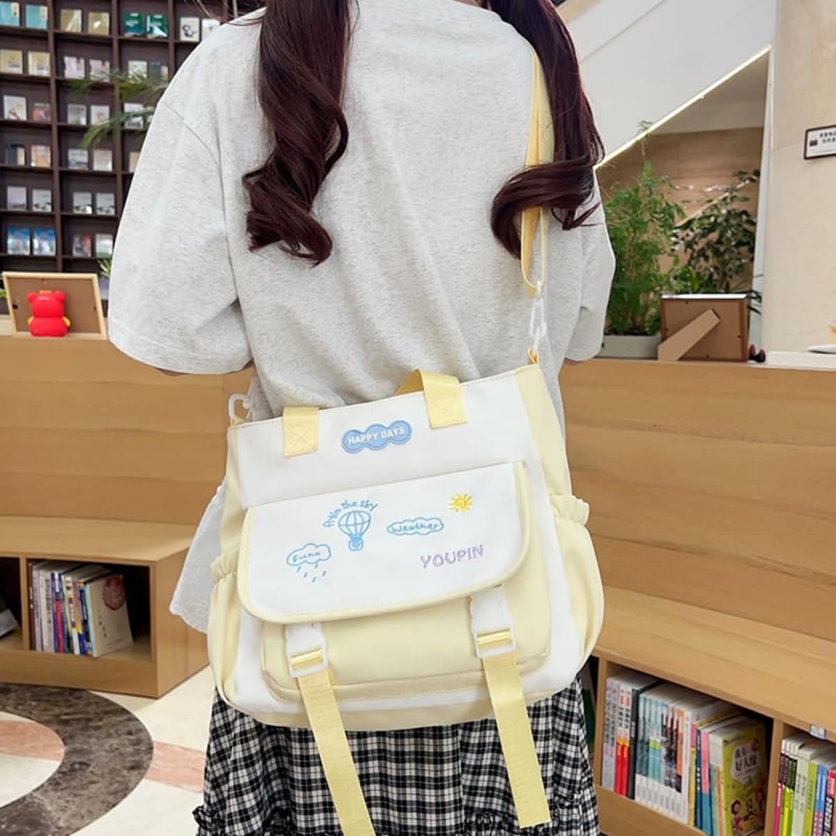 Mochila Escolar Niña Adolescente, Conjunto de Bolsos Escolares con Bandolera y Estuche, Gran Capacidad, Diseño Kawaii,3 Piezas para Adolescentes, Primaria y Secundaria (Yellow)