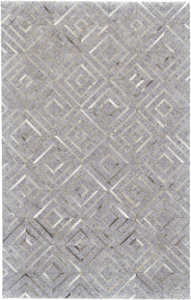 Leather and Jacquard Geometric Pattern Area Rug, Diamond Lattice Design, Black and Gray, (Natural Multi Beige/Grey-107, 6x9)