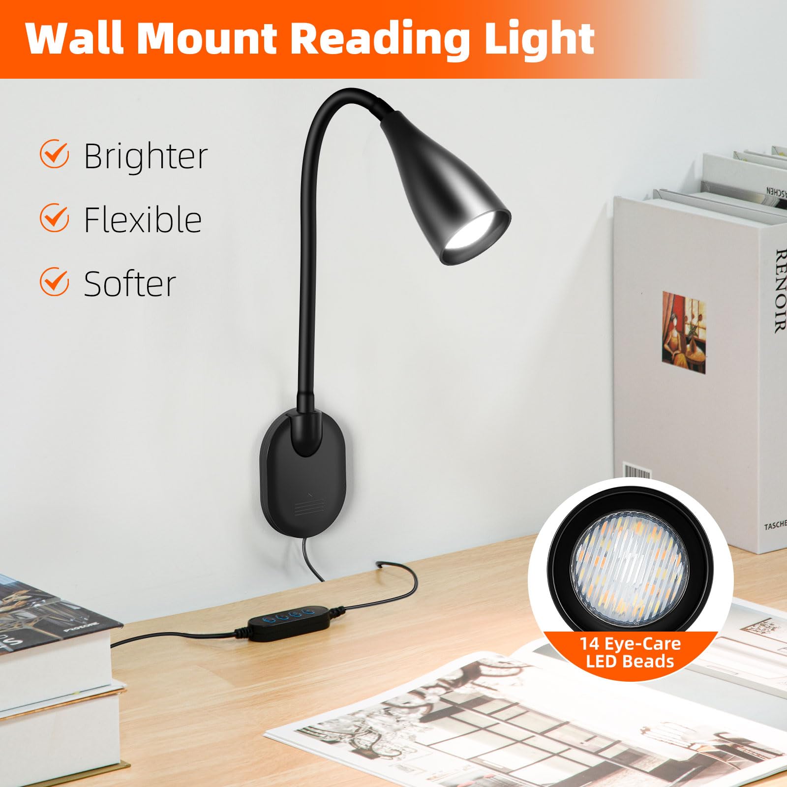 LiFMIRA LED-Nachttisch-Leselampe zur Wandmontage, mit USB-Ladeanschluss, 10-stufig dimmbar und verstellbar, 5 Farben, Plug-in-Nachtlampe für Bücher im Bett, augenschonende Schlafzimmerbeleuchtung
