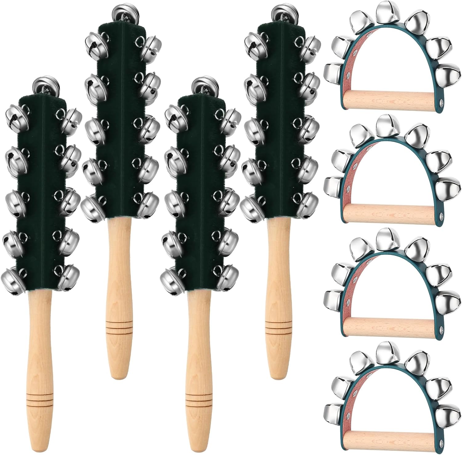 Cindeer 8 Pieces Christmas Hand Jingle Bells Handheld Sleigh Wooden Handle Bells Rattles Musical Rhythm Percussion Instruments for Holiday Christmas Party Favors(Green)