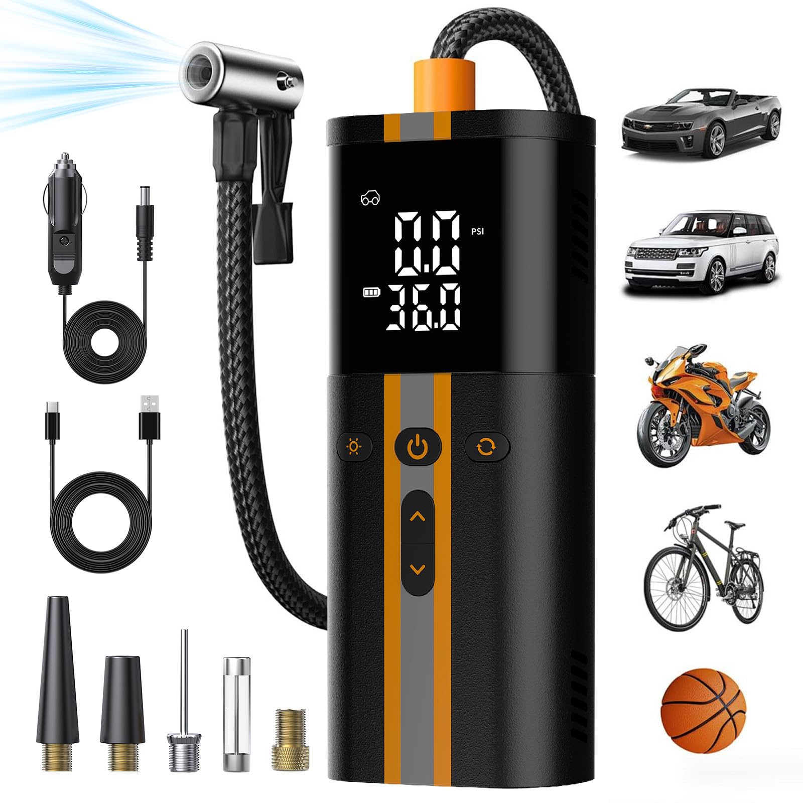 Pompa elettrica portatile per biciclette: mini pompa universale da 150 psi con manometro digitale per bici elettrica, bici da strada e mountain bike, adatta a valvole Presta, Schrader, Dunlop