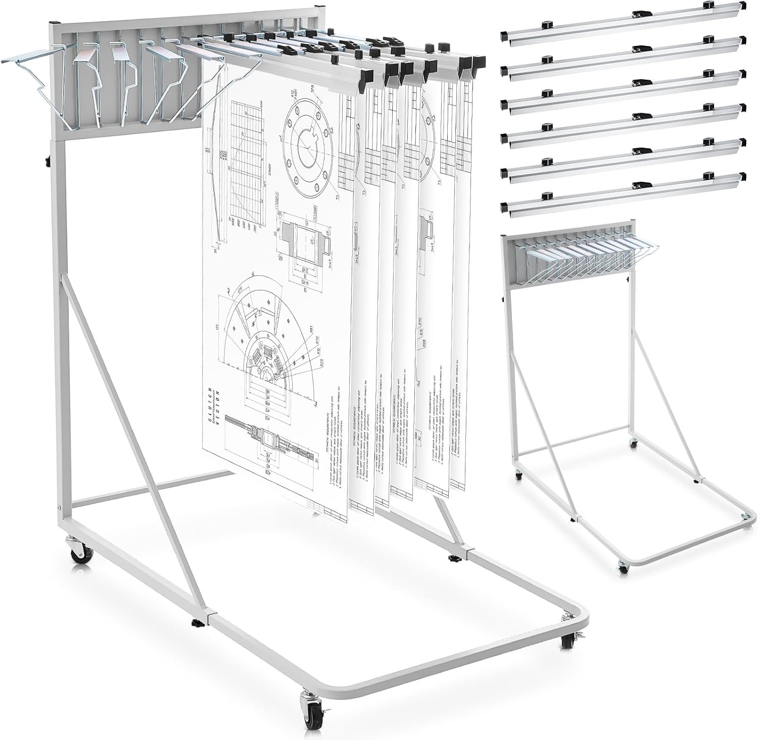 Estune Mobile Blueprint Holder Rack, Adjustable Mobile Blueprint Holder with 6 24 in Hanging Clamps 4 Wheels Poster Display Rack Storage Organizer Stand for File Display Plan Office Home(Silver) 24In Silver