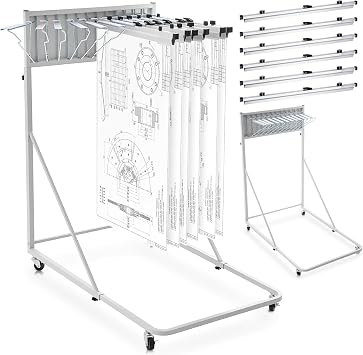 Estune Mobile Blueprint Holder Rack, Adjustable Mobile Blueprint Holder with 6 24 in Hanging Clamps 4 Wheels Poster Display Rack Storage Organizer Stand for File Display Plan Office HomeSilver
