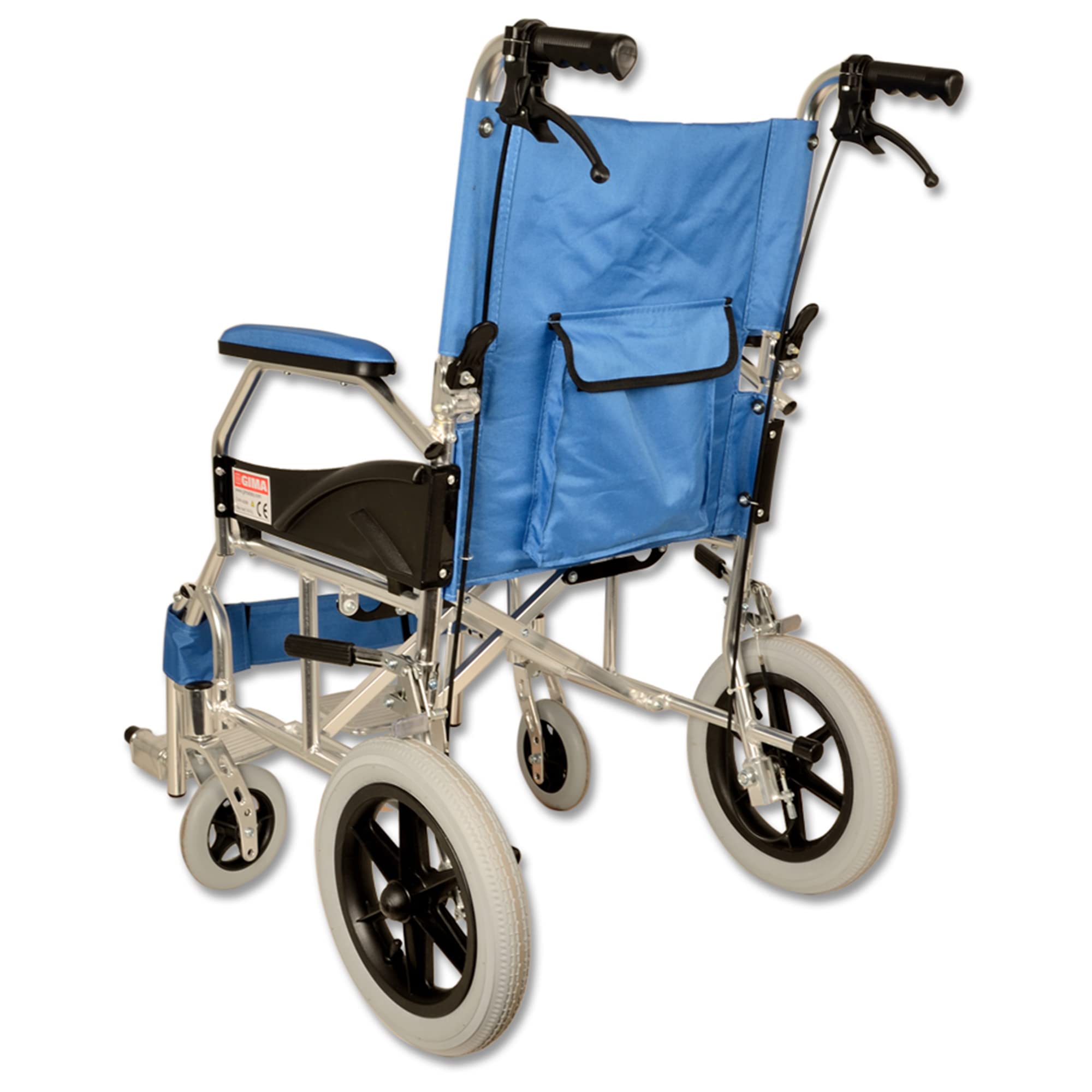 GIMA ref 43250 Silla de ruedas modelo Queen de aluminio, tela azul claro, asiento 46cm, ultra ligera 9.5kg, ruedas delanteras 15cm, ruedas traseras 30 cm con frenos de bloqueo