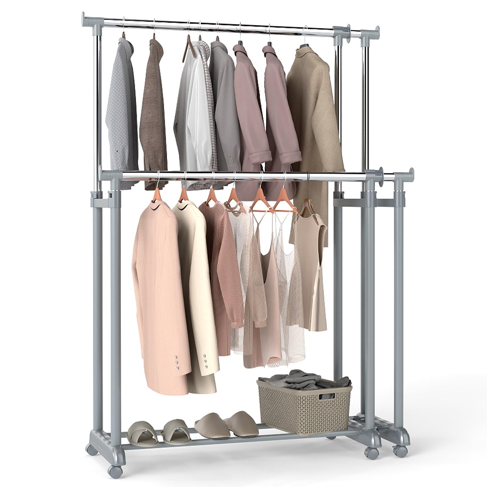 RELAX4LIFE Stand Appendiabiti con Ruote, Doppia Asta in Metallo con Altezza o Larghezza Regolabile, 4/6 Ruote Girevoli con 2 Bloccabili, Appendiabiti Robusto e Portatile per Lavanderia (Stile1)