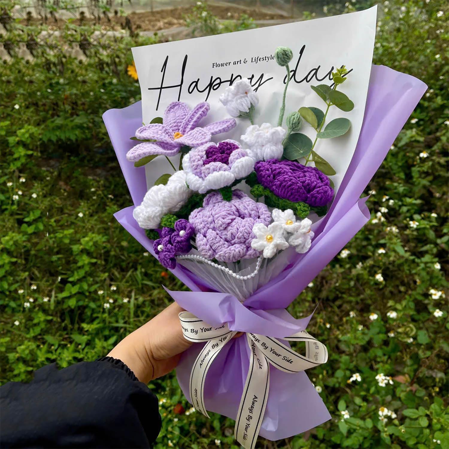 Completed Purple Crochet Flowers Bouquet, Handmade Knitted Bouquet, Crochet Artificial Flowers for Mother's Day Birthday, Wedding Home Decor, Gifts for Mom (Purple Tulip) - Image 4