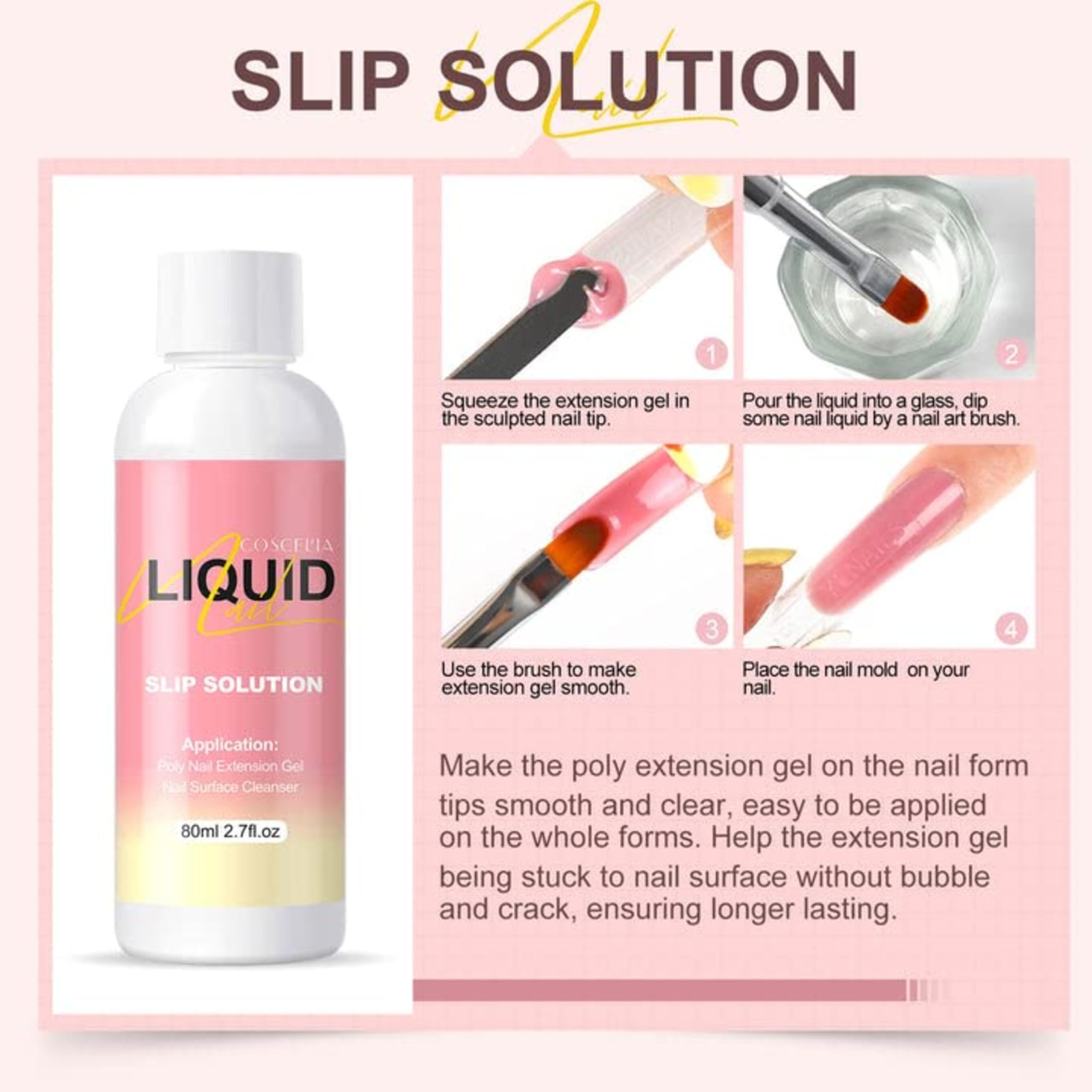 Kiyaan Nail Extension Gel Solution, Quick Poly Gel Slip Solution,Nail Extension Gel Liquid Solution, Nail Gel Liquid Extension Nail Gel Builder Liquid,for Nail Art DIY Nail Contains 80ml 3