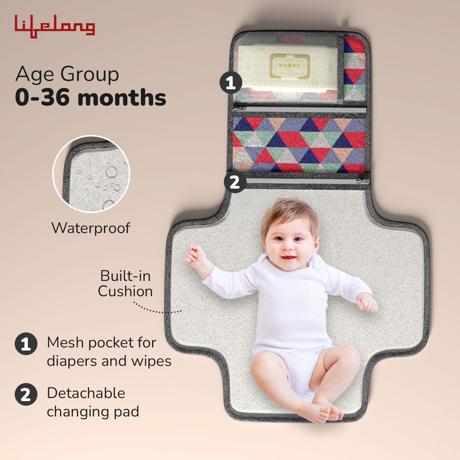 Lifelong Cuppy Portable Diaper Changing Mat for Baby | Wet Wipes Pocket | Travel Diaper Change Mat | Massage Mat for Home & Travel | Waterproof Foldable Baby Changing | Machine Washable - Image 2 thumbnail