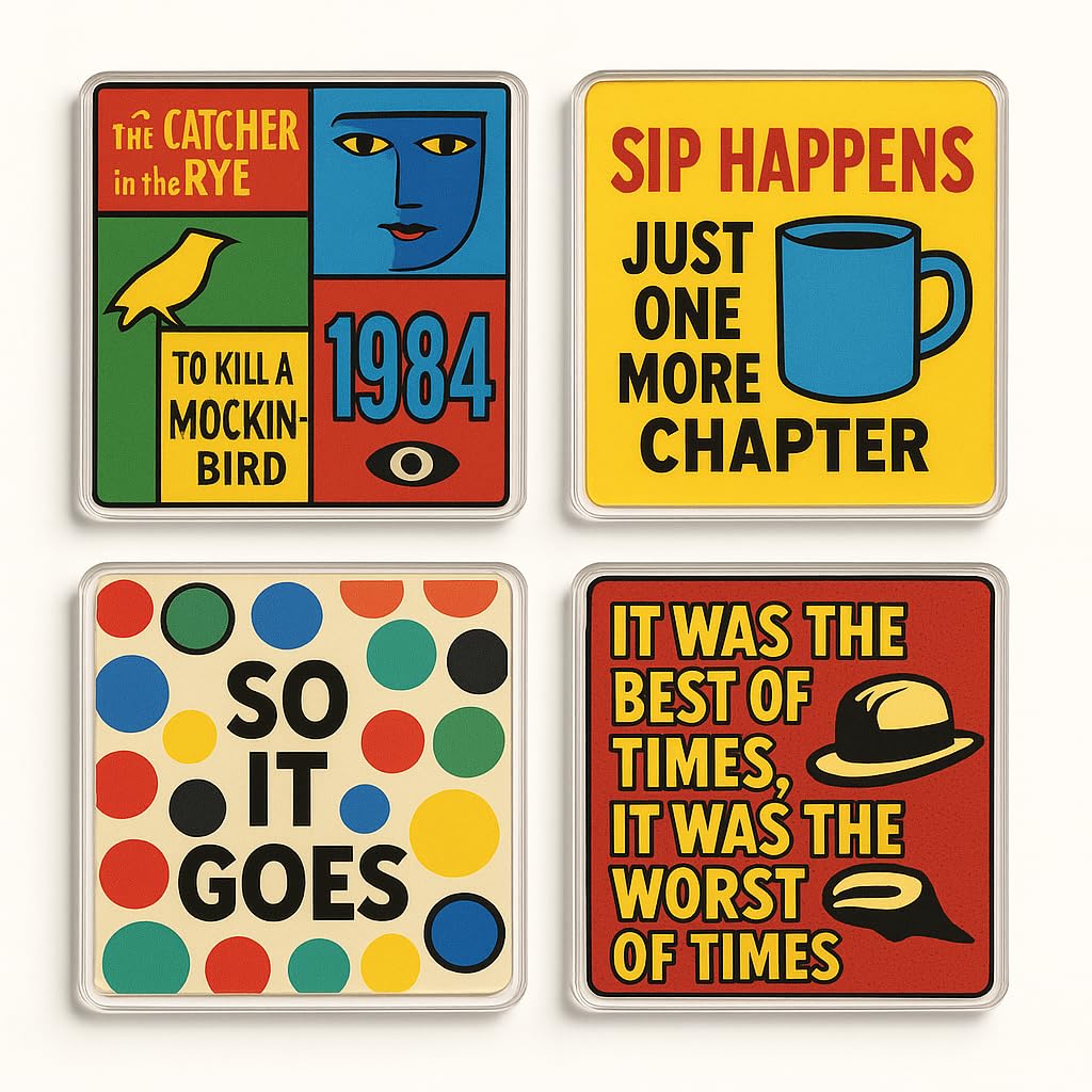 Acrylic Coaster Set of 4 with Literary Pop Vibes - Vibrant Book Lover Design for Reading Enthusiasts' Home Decor