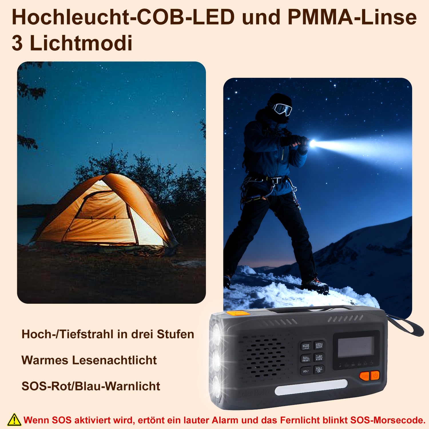 Radio de emergencia, radio de manivela, radio solar portátil FM/DAB+/DAB con batería externa de 4000 mAh, cargador de teléfono, carga USB, manivela, alarma SOS, linterna de 3 modos, para