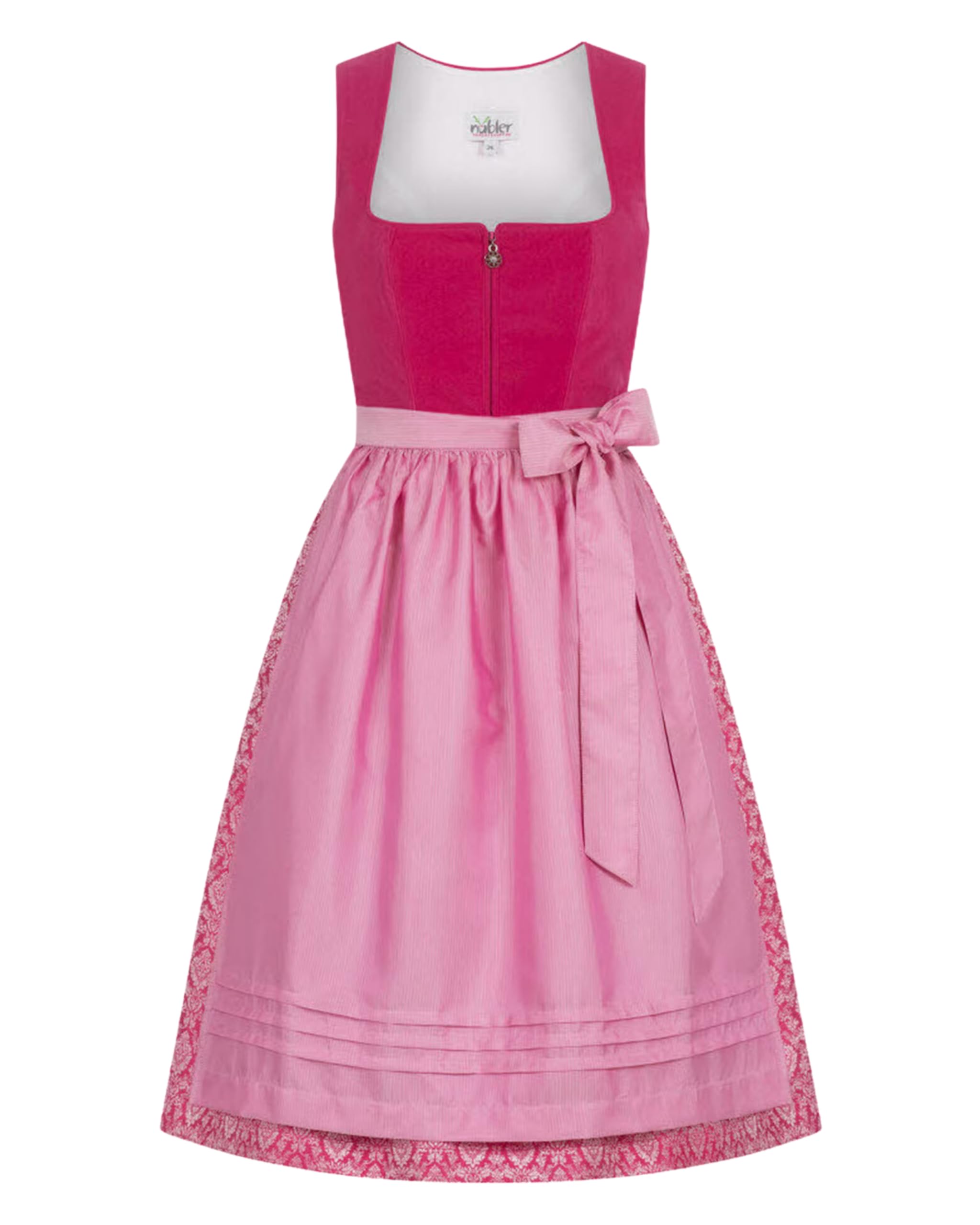 Nübler Damen Dirndl Karla I Größen 30-48 I Midi-Dirndl mit Rocklänge 70 cm & passender Schürze I Festliches Trachtenkleid mit modernem Schnitt & dezenten Details I Ideal für Trachten & Festlichkeiten