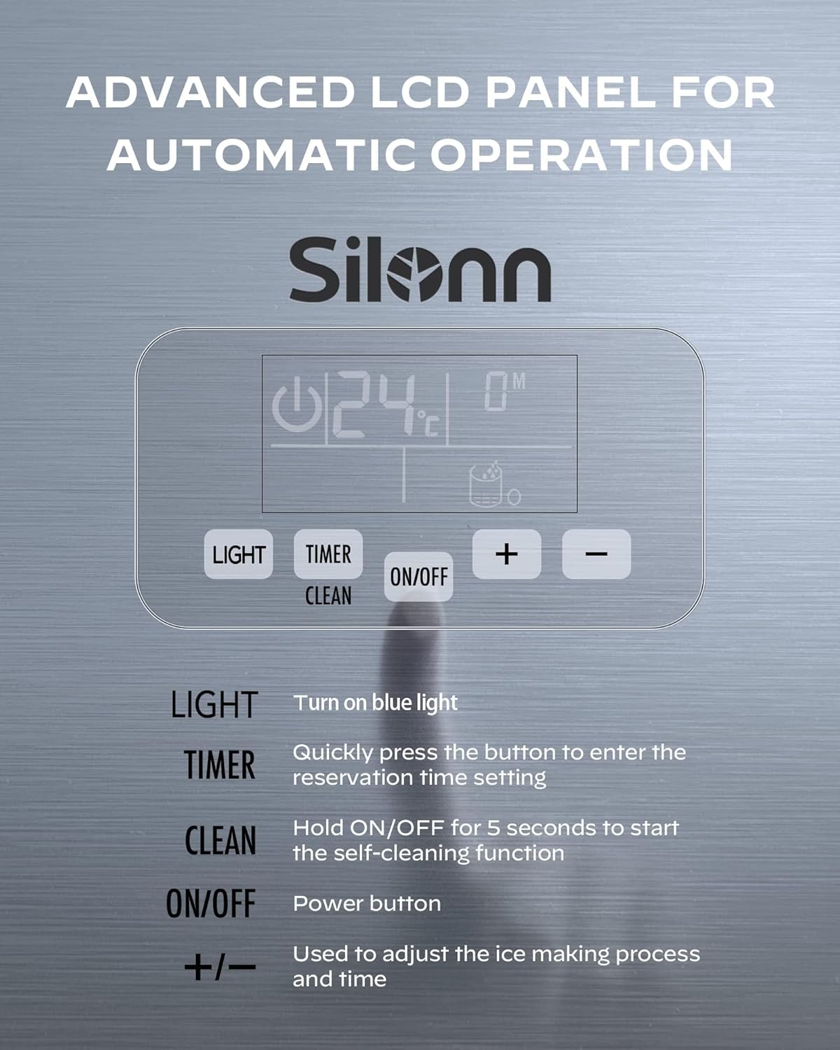 Silonn Ice Maker LCD control panel with buttons for Light, Timer, Clean, On/Off, and +/-