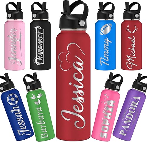 Botellas de agua personalizadas con tapa con pajilla, botellas de agua deportivas grabadas de 24 onzas con nombre, logotipo, monograma para la