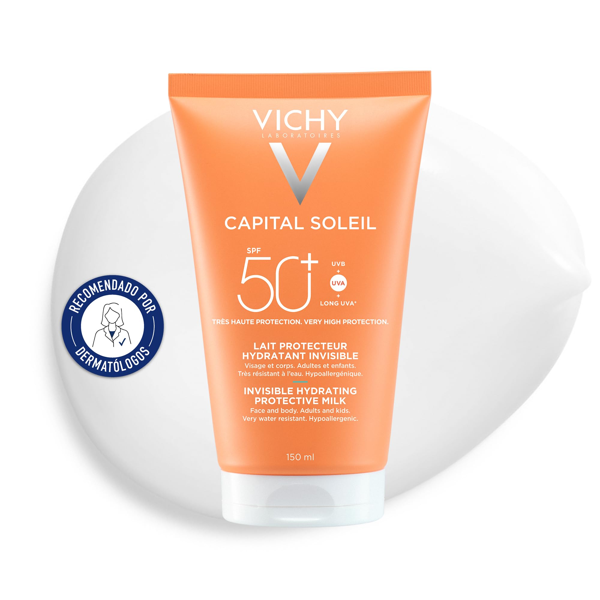 Vichy Capital Soleil Leche protectora solar hidratante invisible SPF50+, protección contra los rayos UVA+ UVB y UVA largos, 150 ml