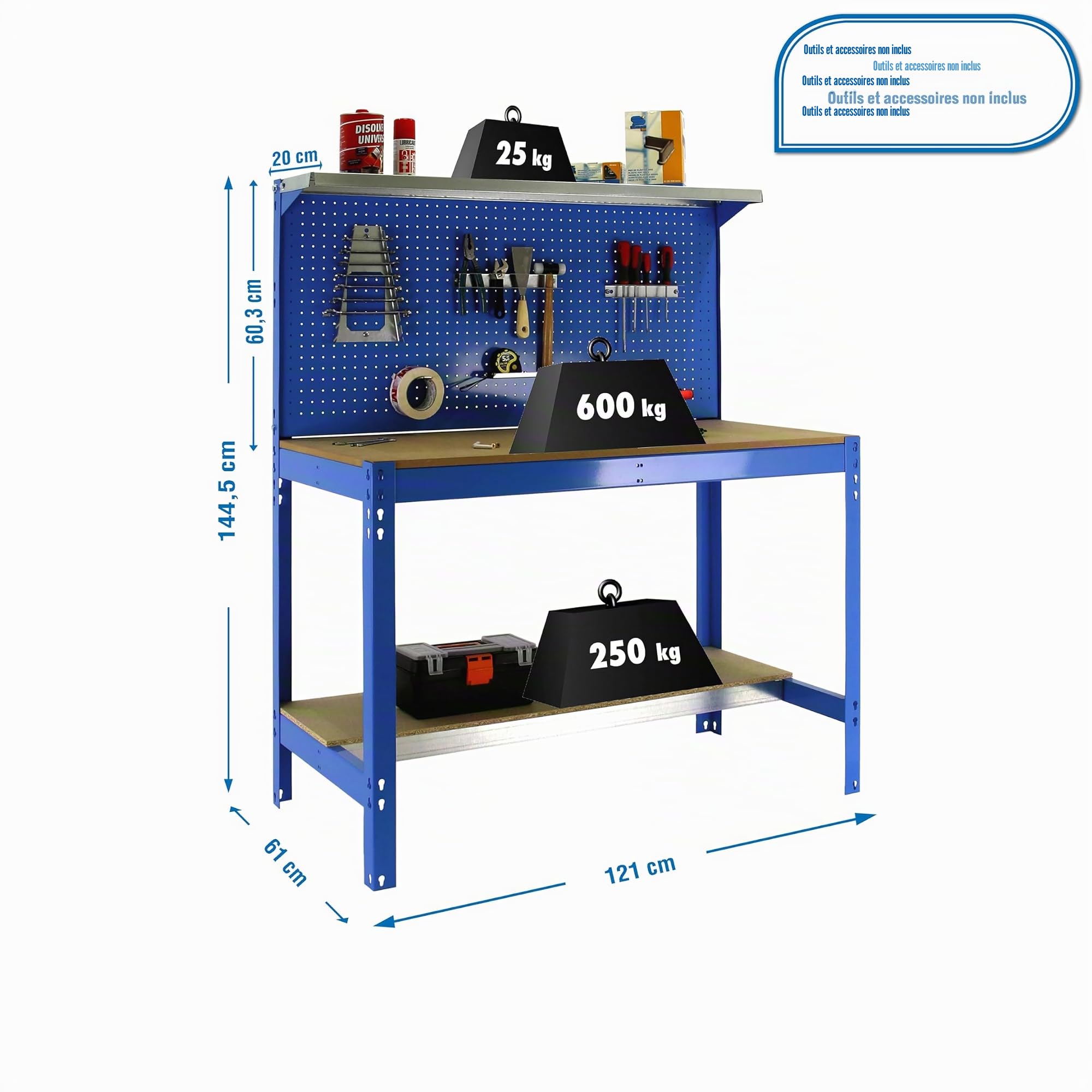 SimonRack Etabli d’Atelier, Capacité de Charge 600 kg, 1445x1210x610 mm, Panneau Perforé avec 1 Étagère, Table de Travail Bricolage, Bleu/Bois - BT3