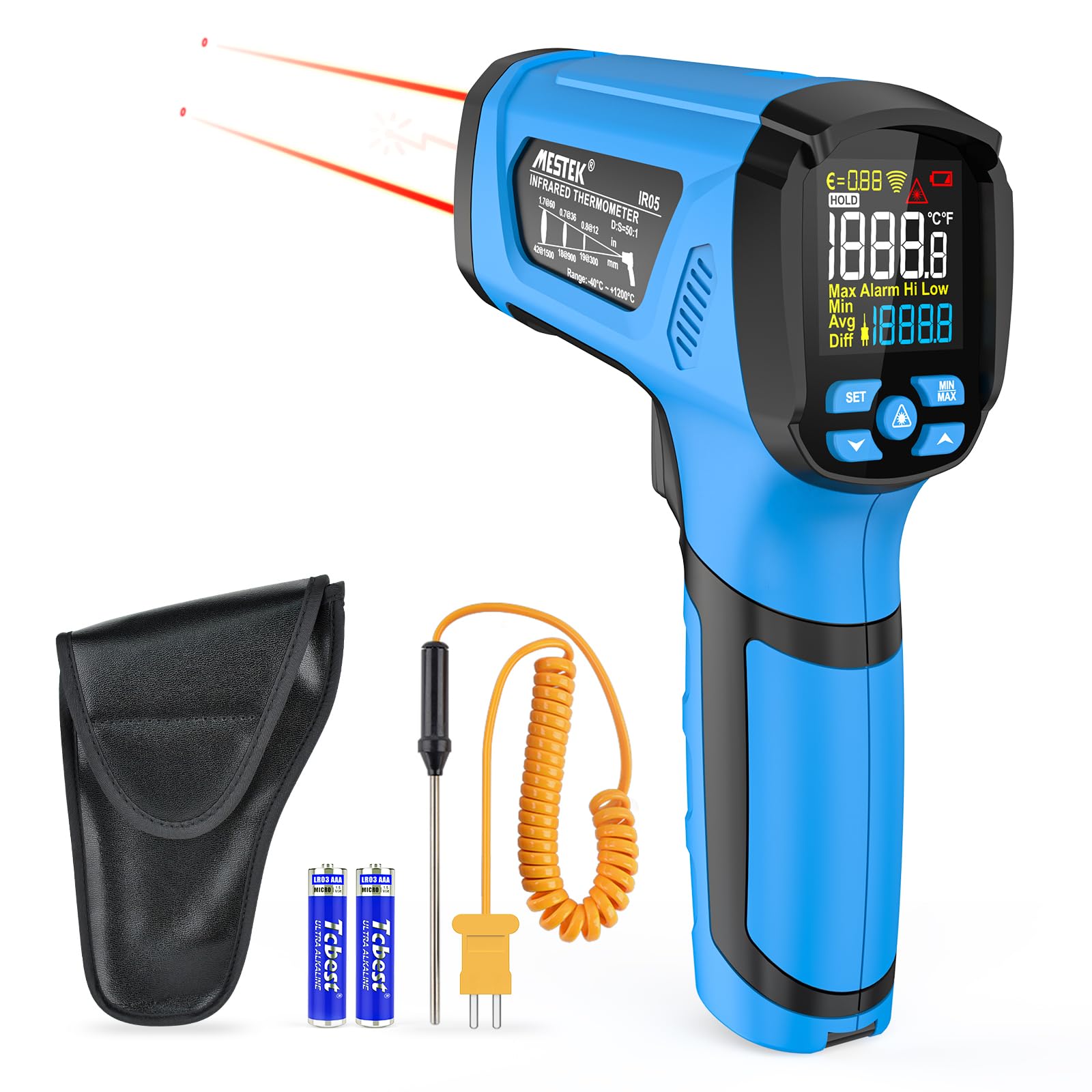 Termómetro Infrarrojos MESTEK -40~1600℃ Medidor de Temperatura Sin Contacto con Emisividad Ajustable
