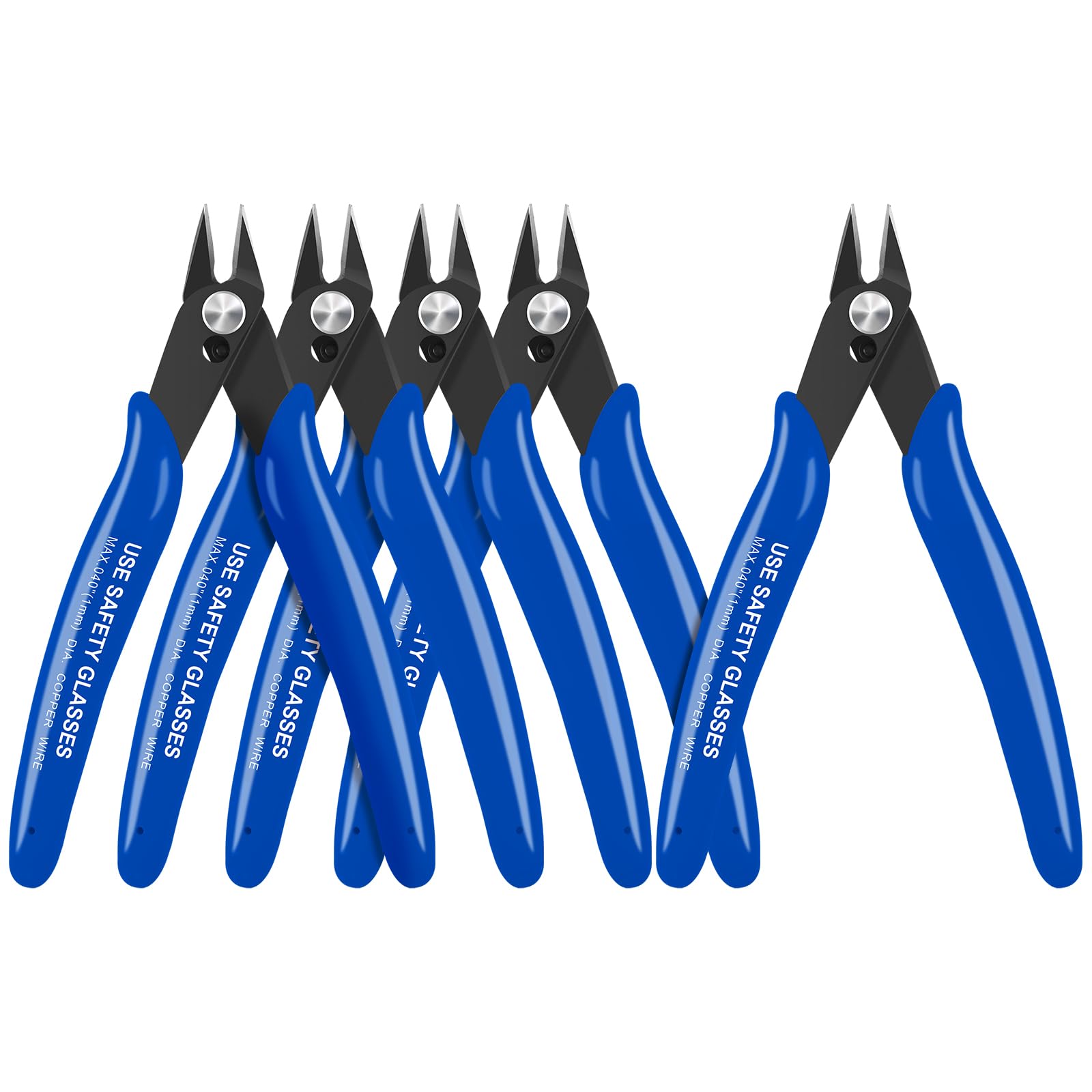 HongWay 5pcs Micro Flush Cutters With Internal Spring, 5 Inches Blue - Side and Diagonal Cutters for Electronics, Heating Wire, Model Sprue, Soft Copper Wire Snips