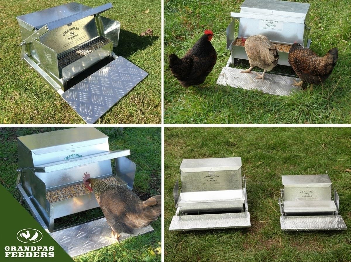 Grandpa's Feeders Hühner-Futterautomatmit Trittplatte - Geflügelfutterautomat rattensicher aus verzinktem Stahl - Kein Verschütten mit wetterfester Abdeckung für 6-12 Hühner 10 Tage (9 Kg Futter)