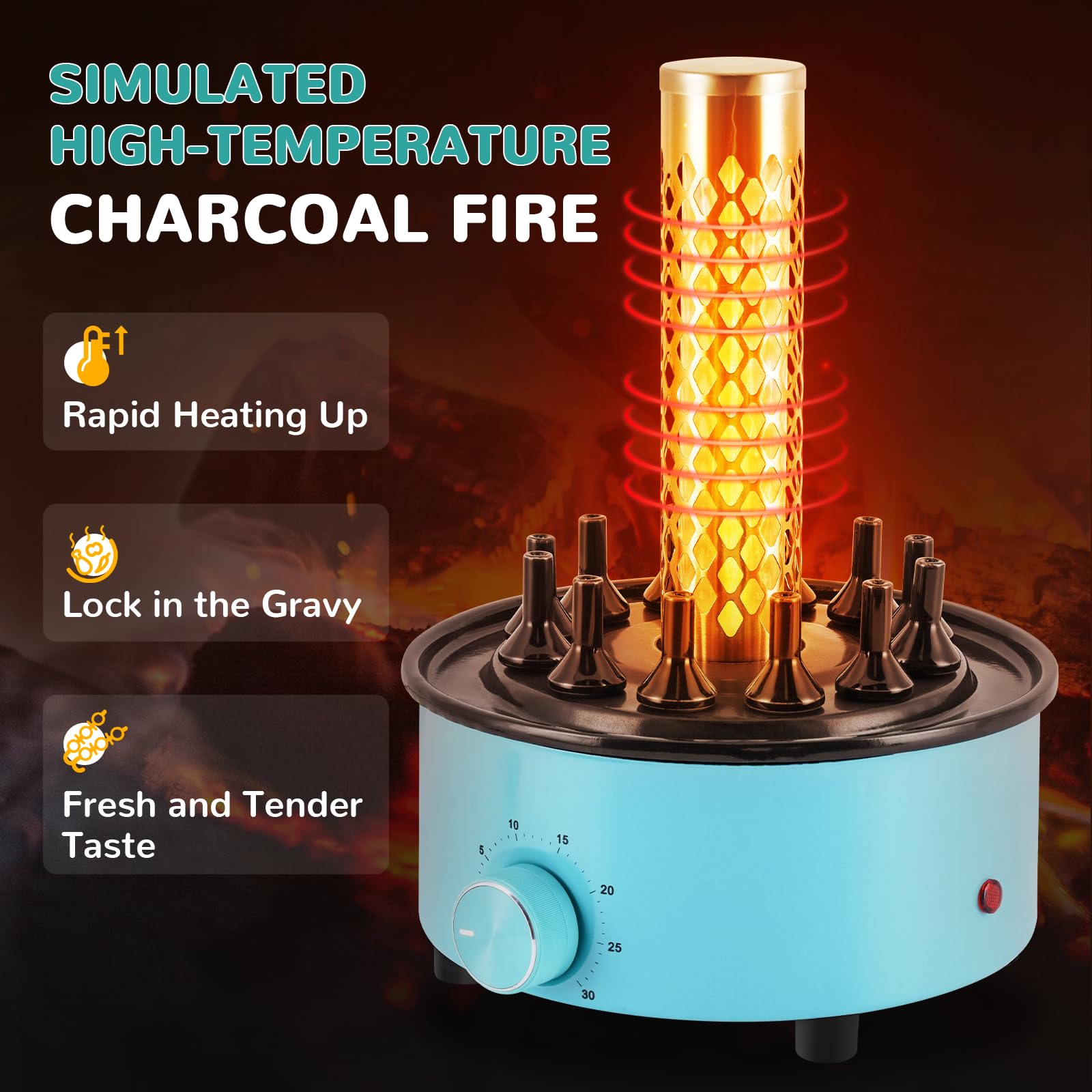 YJINGRUI Elektrischer Drehgrill – 360° Rotierender Hähnchengrill Mit 12 Spießen, 30-Minuten-Timer & 1100 W – Für Zuhause, Party & Camping Tischgrill Elektro